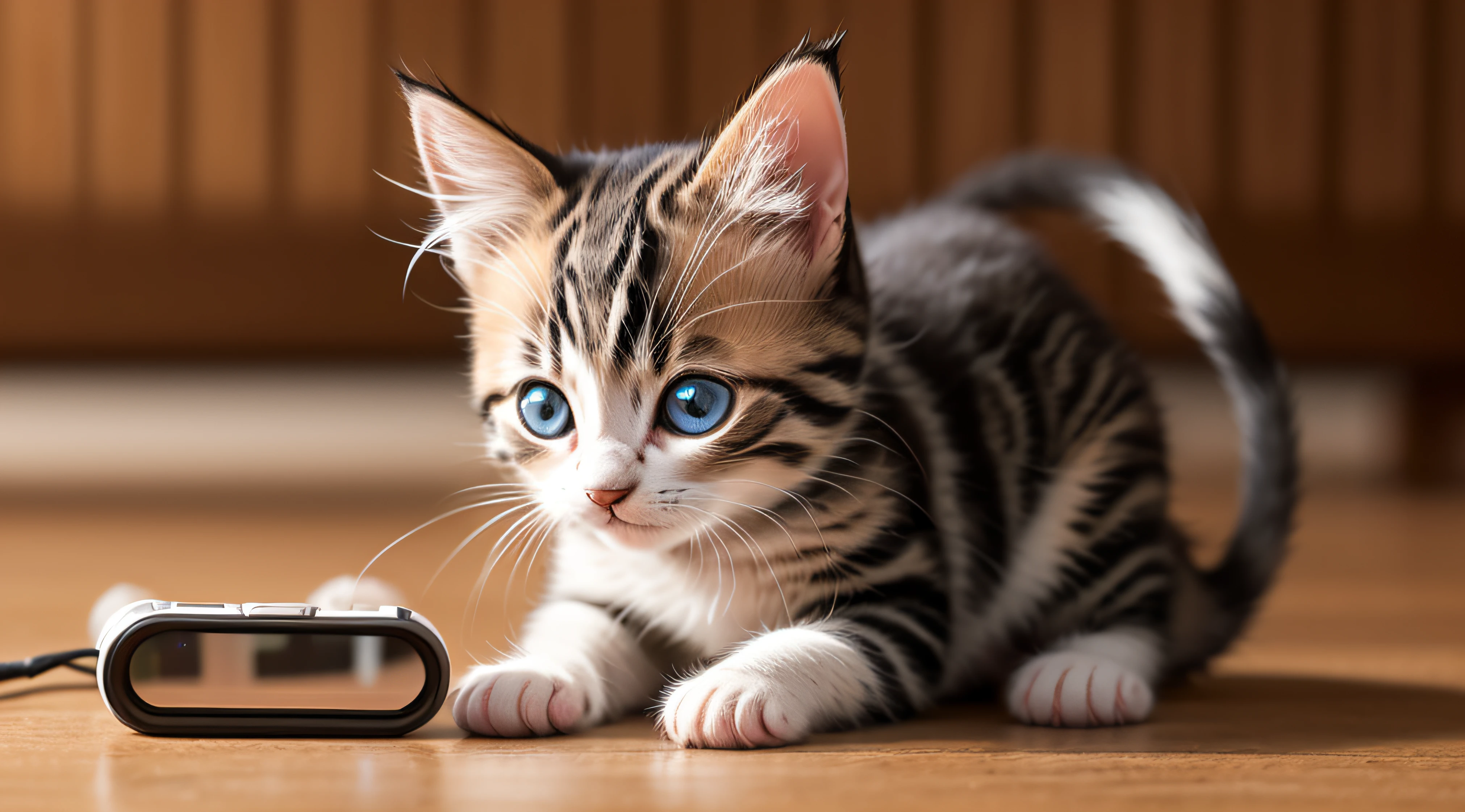 A small kitten playing with a mobile phone, con los auriculares puestos, con cara de disfrutar mucho