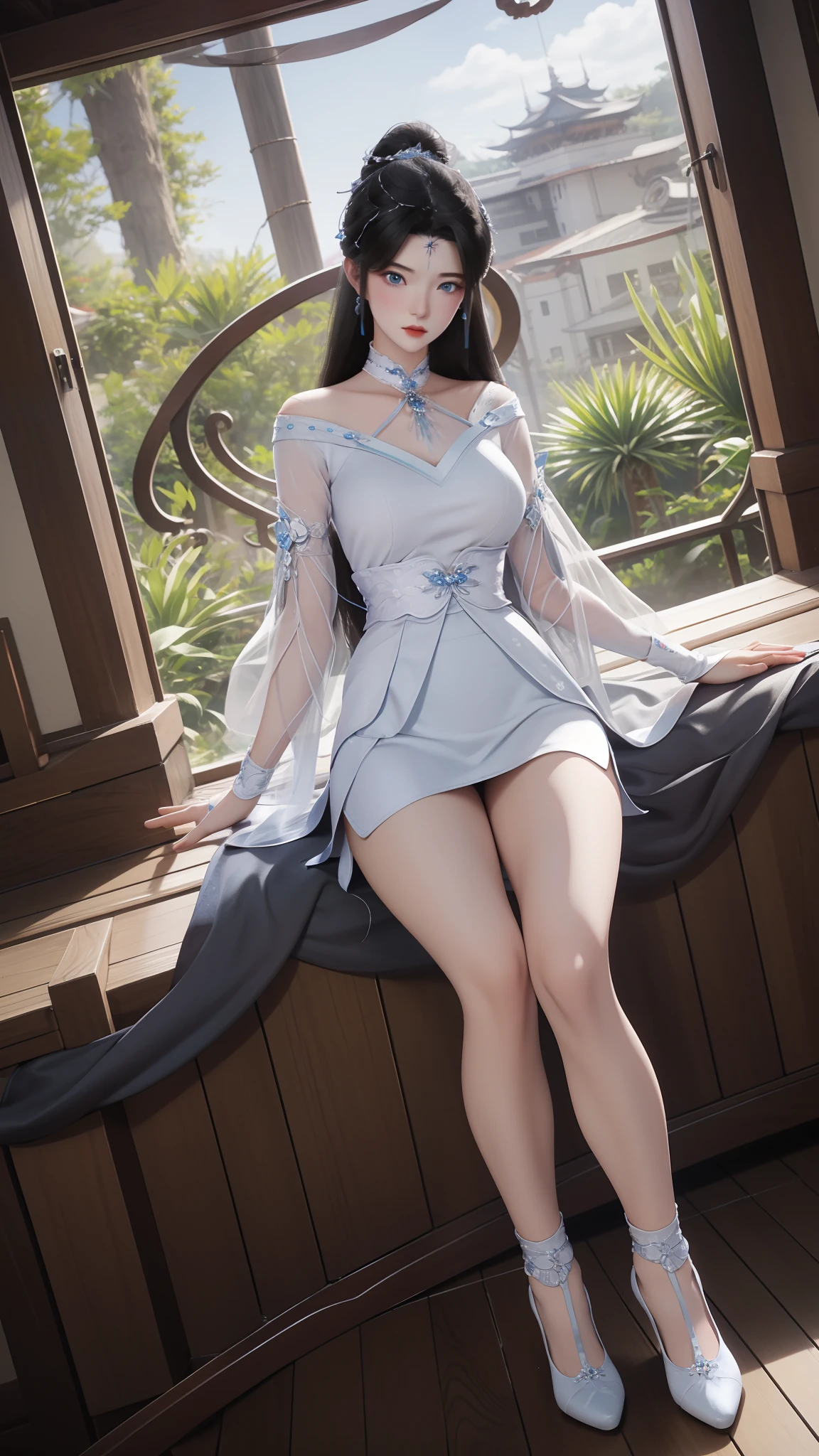 one-girl，Wearing a white dress、Hair flutters，Long black hair、largeeyes、adolable，Pure，******** old、Light blue sundress、Red blush、White transparent socks，high-heels，full bodyesbian，full body pov,style of anime，cute anime waifu in a nice dress，highly detailed exquisite fanart, Extremely detailed Artgerm, animemanga girl