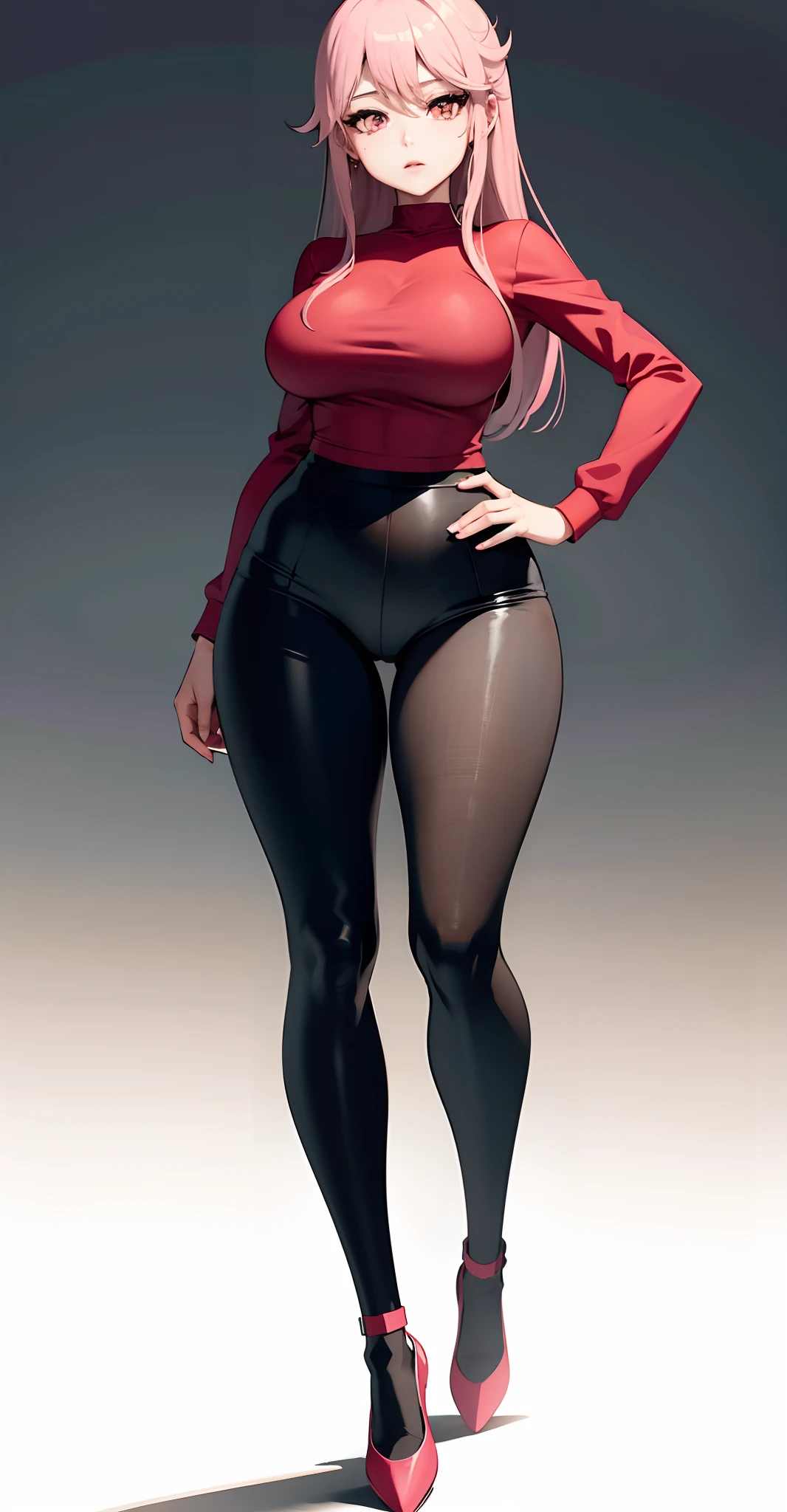 uma imagem de estilo anime de uma mulher em um top rosa e calcinhas pretas, Oppai proportions, thicc, character is in her natural pose, anime full body illustration, conceito de corpo inteiro, CEL - Estilo Arte Sombreada, hands behind her body pose!, corpo inteiro!!, menina anime sedutora, full body in sight, personagem estilo anime, olhos rosa claro, olhos detalhados