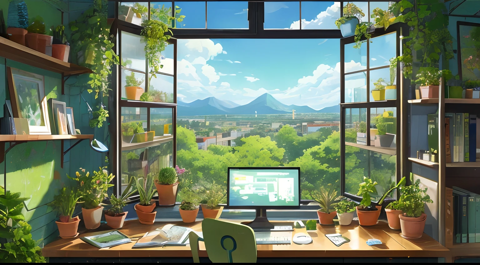 a desk, green plants, panoramic windows nature view, blue sky highly detailed, intricate details, objects like monitor keyboard, 4 pictures on the wall, containers of succulents, books, astrolabe, cacti in containers, by ghibli anime style