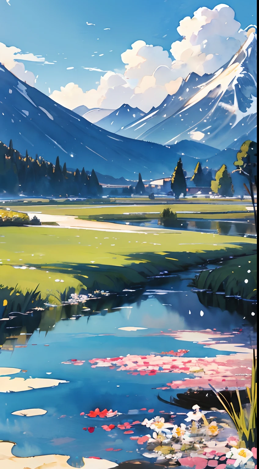 (Watercolor in Sargent style)、(top-quality、masterpiece)、Soft light、夏天、Pasture、a few small flowers、Clear lake、pecora、Heaven、Large clouds、blue open sky、movie、Deep field focus bokeh、Snowy mountains in the distance、Ray traching、