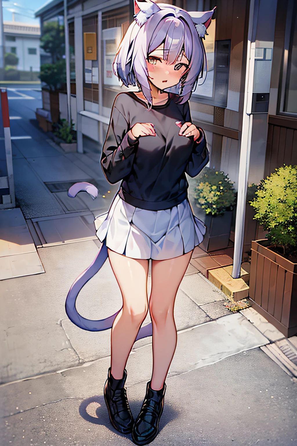 cute catgirl，in a skirt，Show the tail