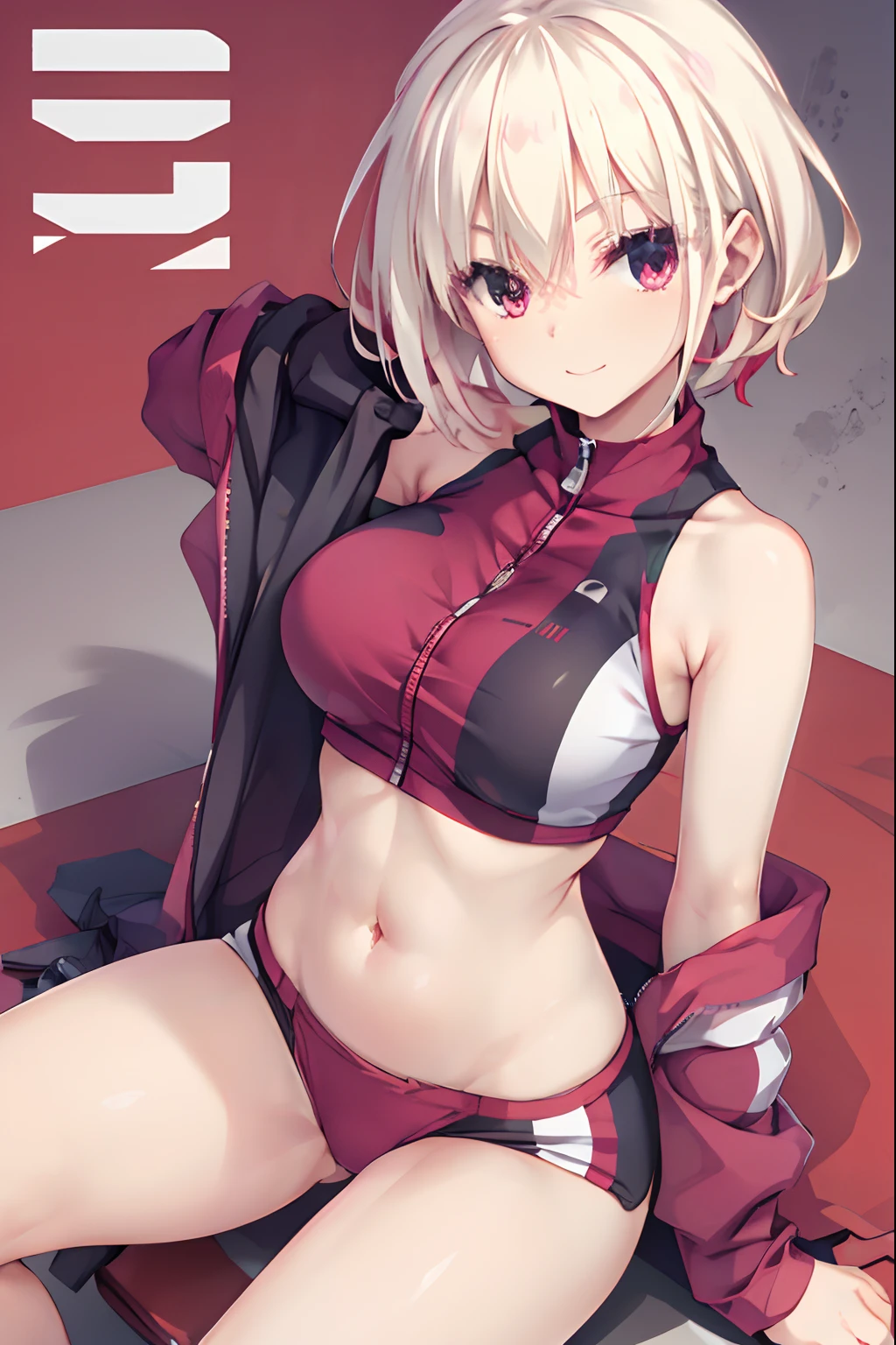 navel, bare shoulders, thighs, stomach, crop top, buruma, sportswear, zipper pull tab, red buruma, sports bikini,Beautiful breasts,Curvaceous,Evil smile,masutepiece,High resolution,Best Quality