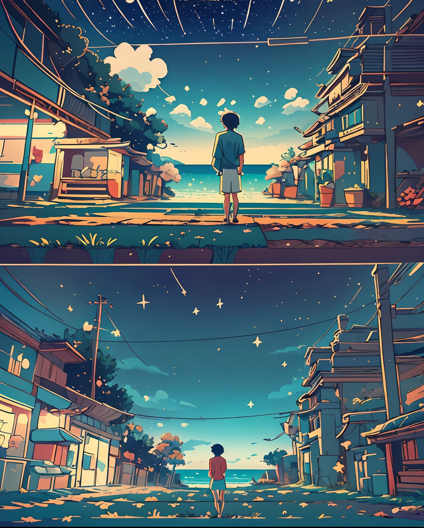 Craft an outstanding comic strip storyboard that unfolds the story of an anime college student standing by the sea against a backdrop of a bright starry sky. The romantic couple's narrative is a masterpiece inspired by Makoto Shinkai's imagery, with elements of Pisif's concept-art. Infuse the lofi art style to enhance the mood and emphasize reflection. Keep the width at 672 pixels to capture the intricate details of an anime landscape in the style of Makoto Shinkai, with a focus on enhanced detail.