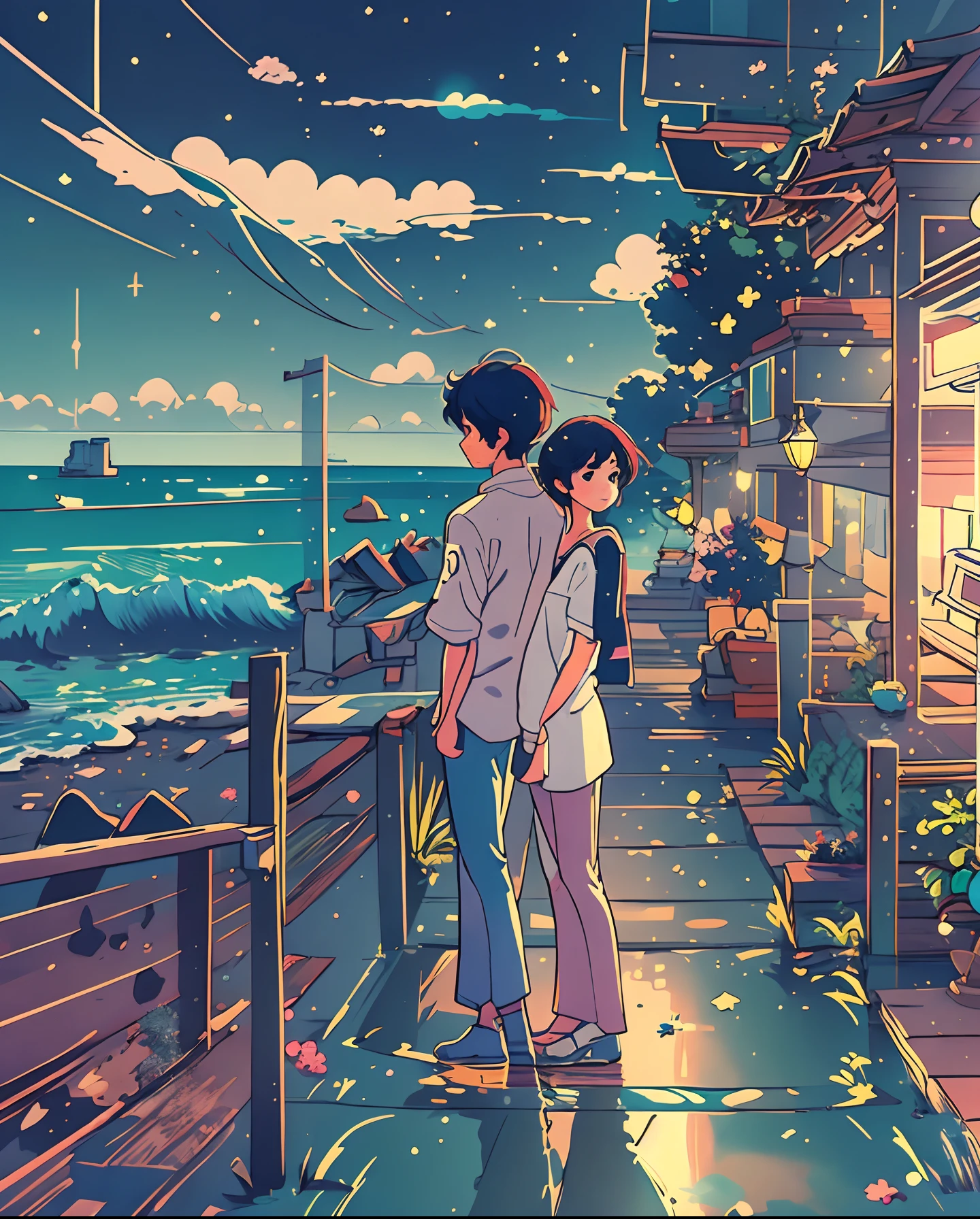 Craft an outstanding comic strip storyboard that unfolds the story of an anime college student standing by the sea against a backdrop of a bright starry sky. The romantic couple's narrative is a masterpiece inspired by Makoto Shinkai's imagery, with elements of Pisif's concept-art. Infuse the lofi art style to enhance the mood and emphasize reflection. Keep the width at 672 pixels to capture the intricate details of an anime landscape in the style of Makoto Shinkai, with a focus on enhanced detail.