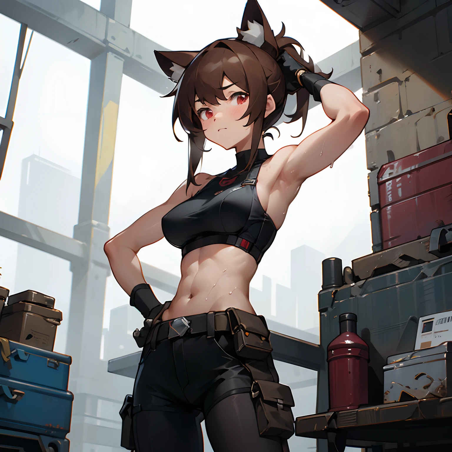 masterpiece, Best quality, Makoto Nanaya, indoors, bare shoulders,, covering, ((sports bikini)), antenna hair, animal ears, brown eyes, brown hair, microskirt, sleeveless, squirrel ears, squirrel tail, orange crop top, knee boots, gloves, fingerless gloves, midriff, tone, skimpy clothing, lower, gray hair intake, medium hair, smile, upper teeth only, thick thighs, gray hair, toned, standing, hands on hips, cameltoe, watch the viewer, --auto --s2
