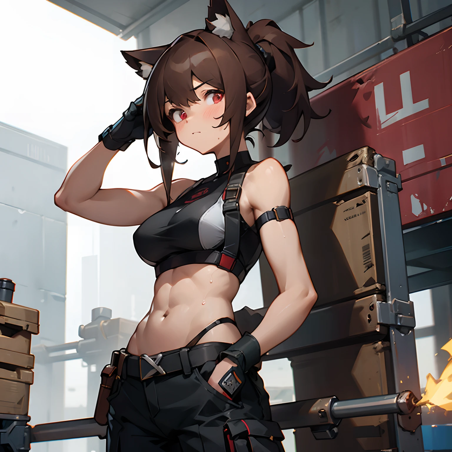 1 girl, masterpiece, 8k, artstation, ultra high quality, ultra high detail, ultra high resolution, glowing red eyes, brown hair, (mechanic), mechanic's clothing, tool belt, engineer, cyberpunk, cat ears, cargo pants, sweaty, muscular, abs, white crop top, white sports bra, white bralette, machines, machinery, warehouse, warehouse ceiling, iron truss, steel beams, building materials in the background, ponytail, bare arms, (pouches), gloves, 1 hand in pocket