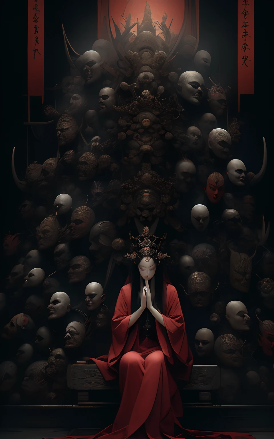 A demon meditating in front of a pile of masks, Al estilo de Zhang Jingna, Fotomontaje, Hirohiko Araki, oriental, Sergio Toppi, Teatral, poster art
(cuerpo completo:1.5),