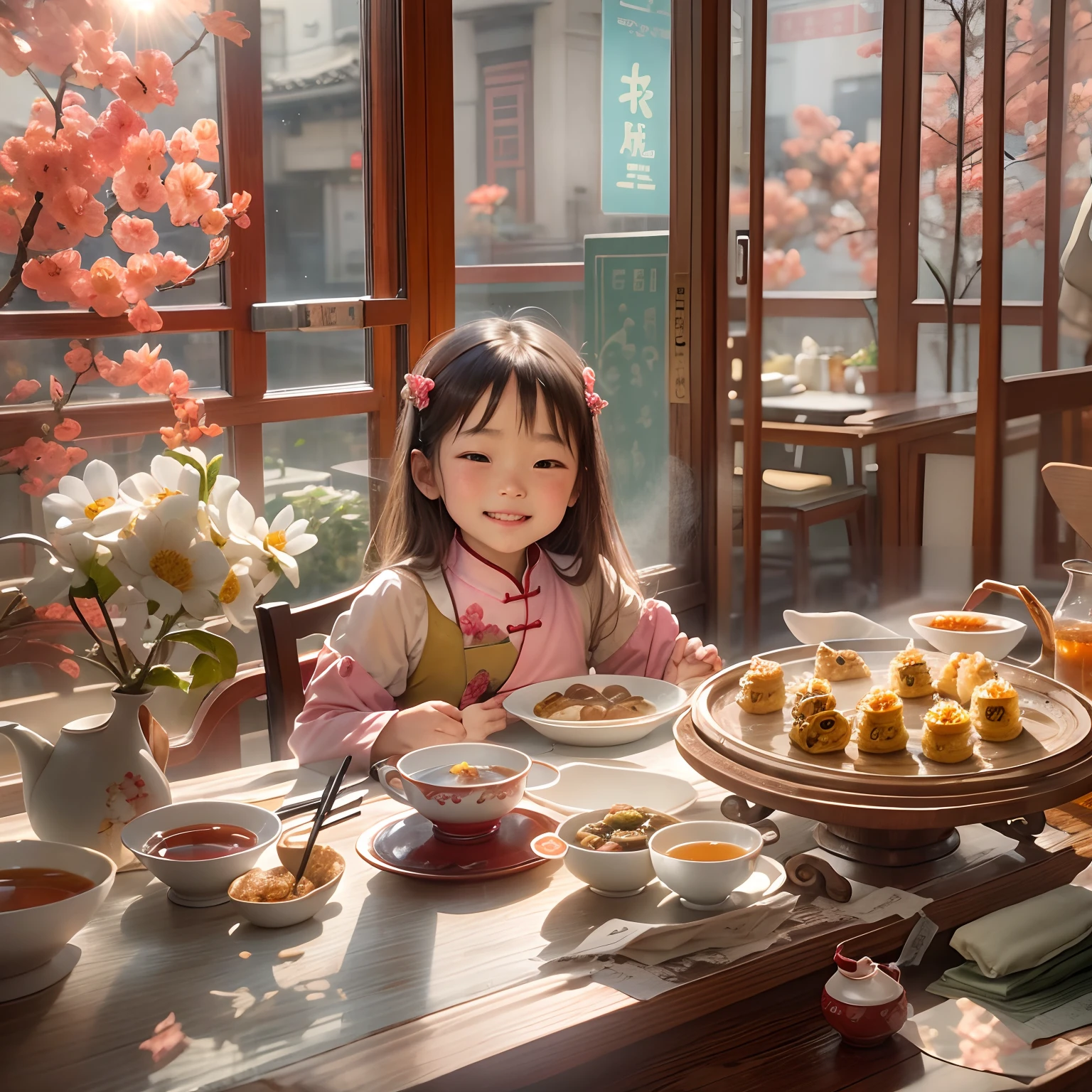 Chinese restaurant, A 5-year-old girl sits at a dining table, ssmile, Flower tea on the table ,Chinese dim sum, Pork intestine powder, Shrimp dumplings, Sunlight outside the window.