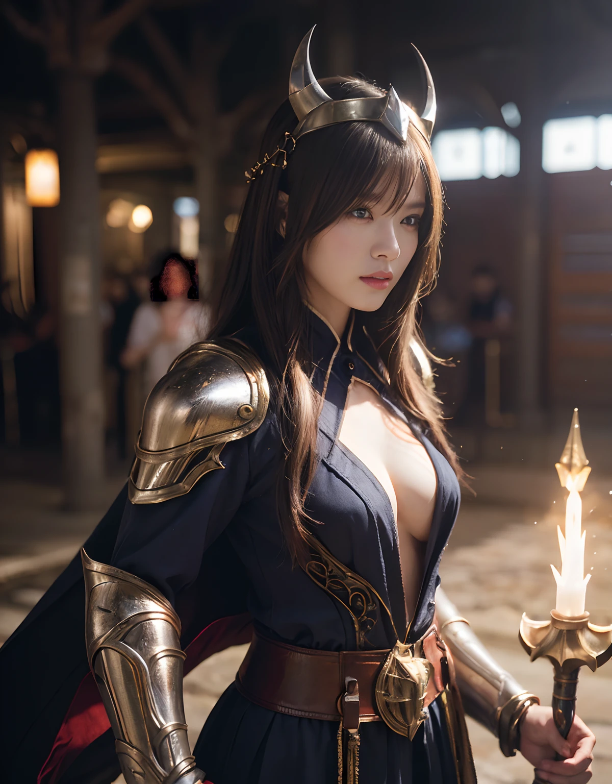 (One Knight Girl)、top-quality、​masterpiece、超A high resolution、(Photorealsitic:1.4)、Raw photo、女の子1人、（Wear the Dark Knight's Armor）、glowy skin、(Random hair),(((Dark Fantasy)))、Fight with beautiful swords and shields、(((Mystical expression))),(((Have a gorgeous and long magic wand))),（Gorgeous gold metal body）、(Fight goblins、ogre、Fierce battle with orcs),（Fighting strong enemies）、Fight fiercely、(Background of decaying dungeon ruins)、（Ultimate Beauty）、（Detailed knight's helmet）、(Fighting Demonic Beasts)、(Wizard Hat)、((super realistic details))、portlate、(Strong giant demon beast background),globalillumination、Shadow、octan render、8K、ultrasharp、Colossal tits、Raw skin is exposed in cleavage、metals、Details of complex ornaments、Japan details、highly intricate detail、Realistic light、(Mystical expression),CGSoation Trends、Red Eyes、radiant eyes、Facing the camera)、Gundam、Small LED、Toostock、（Background of the mutation）、（Attack of the Monster Beasts）、Ultimate Beauty、beautiful female knight、Wear colorful armor、Detailed sword、（Wearing legendary armor）、