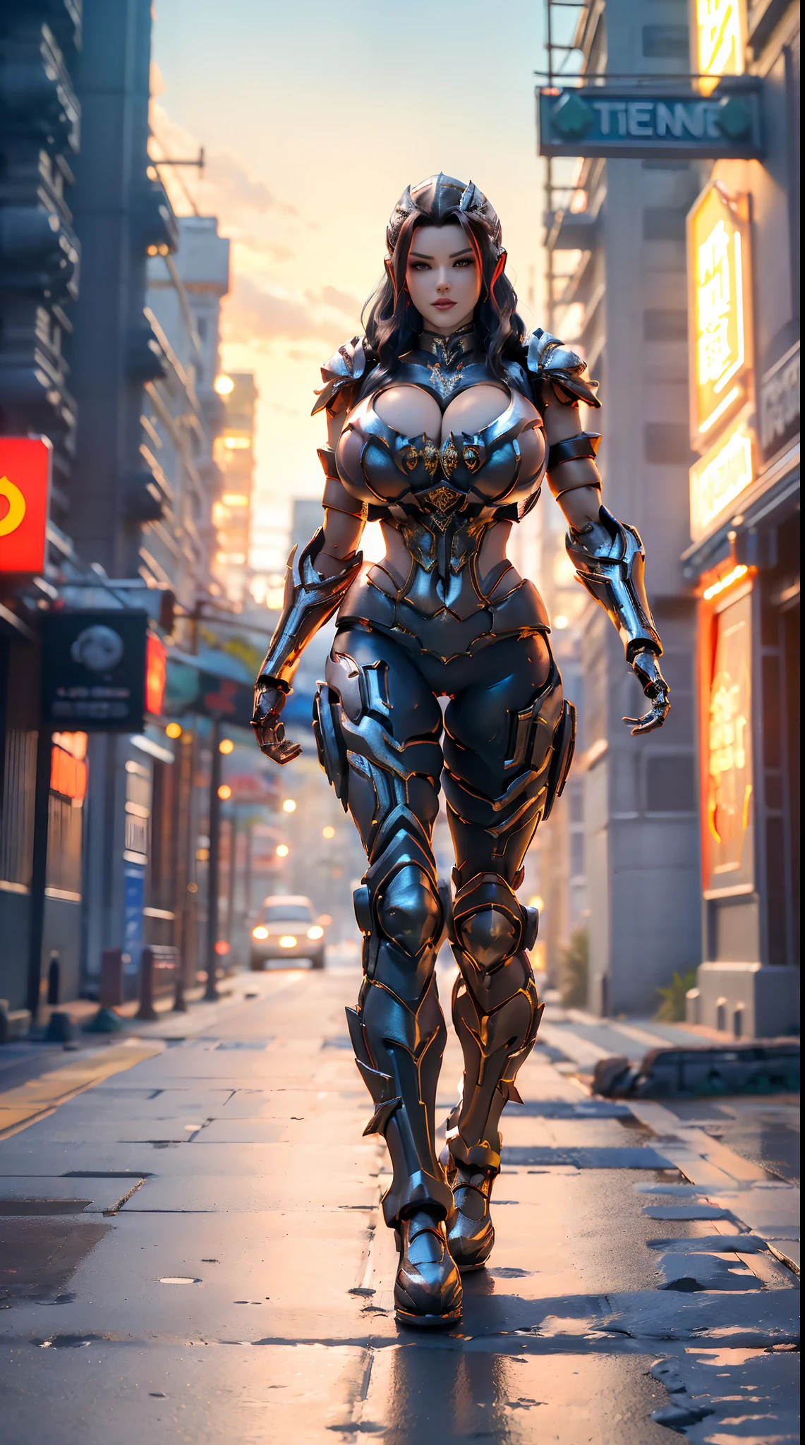 (UNREAL ENGINE 5), (DRAGON QUEEN), (HUGE FAKE BOOBS:1.3), (BEAUTIFUL FACE), (RED, WHITE), (CYBERPUNK STREET CITY), (CYBER MECHA ARMOR), (CLEAVAGE), (SKINTIGHT MECHA YOGA PANTS), (MECHA HIGH HEELS), (PERFECT BODY:1.2), (LOOKING AT VIEWER), (WALKING DOWN:1.3), MUSCULAR BODY, MUSCLE ABS, UHD, 8K, 1080P.