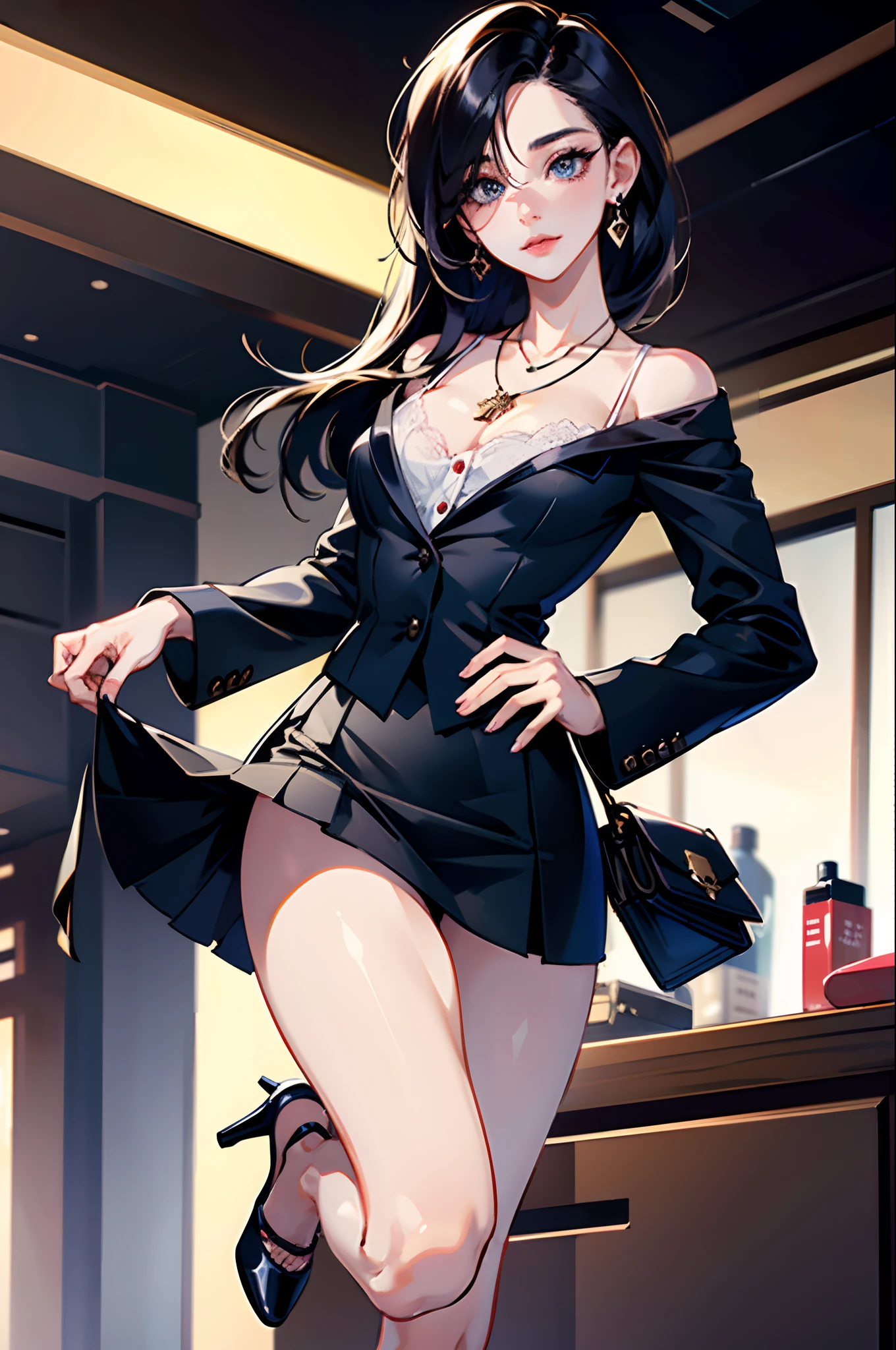 (8K, HDR, highres), ((((hyperrealism, masterpiece, best quality, ultra highres)))), (pin light, cinematic light), (hyper detail, finely detailed),
1girl, __MY/background2__, magical realism, movie still, {cowboy shot|full body|upper body},
__hair-female__, large breasts:0.3, Natural breasts:0.3, (slim waist:1.1), (wide hip, large pelvis:1.3), (hip_up), (thick thighs and legs), oiledwet:1.4,
((detailed beautiful face)), (perfect eyes, detailed eyes), (detailed facial features), beautiful and clear eyes, detail eye pupil, lipgloss, (Eyelashes:1.4), detailed hair, (((hair over one eye))), glossy, perfect hands,
{turnred_face|sorrowful_face|charmed_face|seduced_face|drunk_face|ecstasy_face},
(blazer:1.1), (((black mini skirt, silk blouse))), (Korean:1.3, japanese:1.1), tight, (((pubic hair:1.5, high heels))),
__200WildcardsNSFWAnd_sdWildcards/earrings__, {necklace|amulet}, shoulder bag,
pureerosface_v1:0.15,