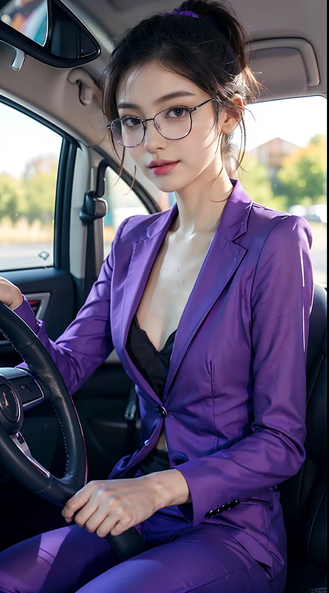 ((Small underboob)), (shoulder length straight short hair: 1.2), Black hair,Upper body, （Extremely meticulous CG 8k wallpaper），（Extremely refined and beautiful），（Masterpiece），（best qualtiy：1.0），（Ultra High Resolution：1.0），beautiful light up，Perfect lightning，realistic shaded，[A high resolution]，Smooth and flawless fair skin，Extremely exquisite facial details，（perfect body：1.1），ultra - detailed，A beautiful girl，small head,glasses,Short ponytail，(Small breasts:1.1)，Flat chests，slim，thin，Smile，cheerfulness，(Purple suit:1.5),(white collared shirt:1.1),（purple long pants:1.5），autumn，Morning,in a spacious private car,A female driver,(sitting in seat and place her hands on the steering wheel:1.5),intently driving car,Shot,cowboy shot,as if the camera is on the passenger seat
