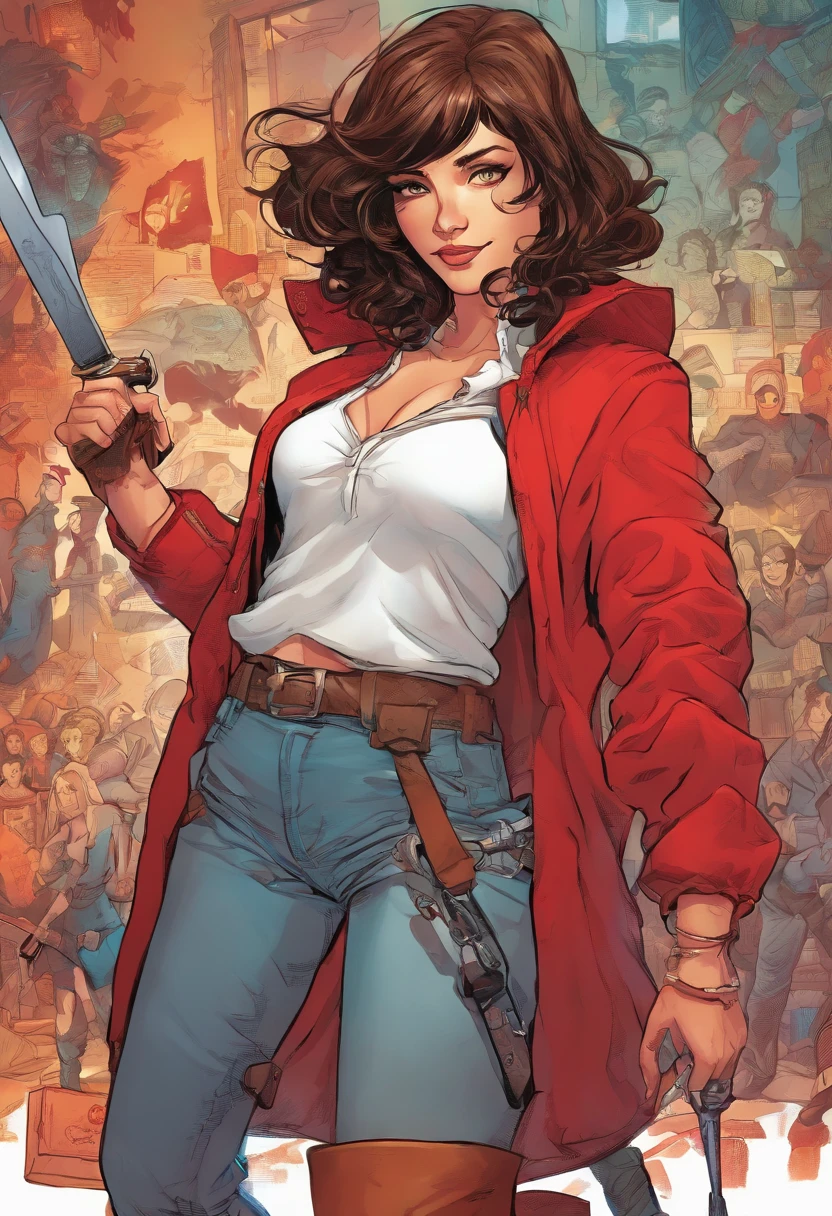 Girl1, (( with brown dark hair, red eyes.)) , with a knife, in a red jacket, around dark. Smiling and laughing menacingly.