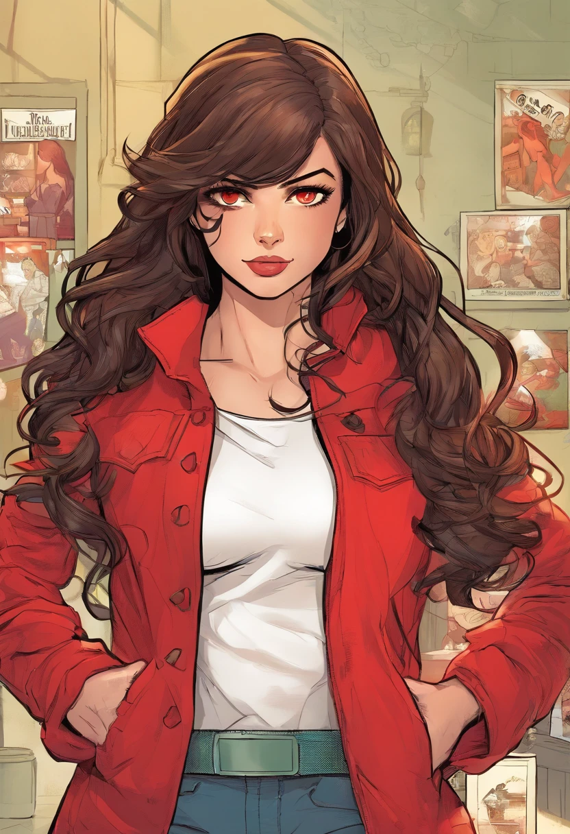 Girl1, (( with brown dark hair, red eyes.)) , with a knife, in a red jacket, around dark. Smiling and laughing menacingly.