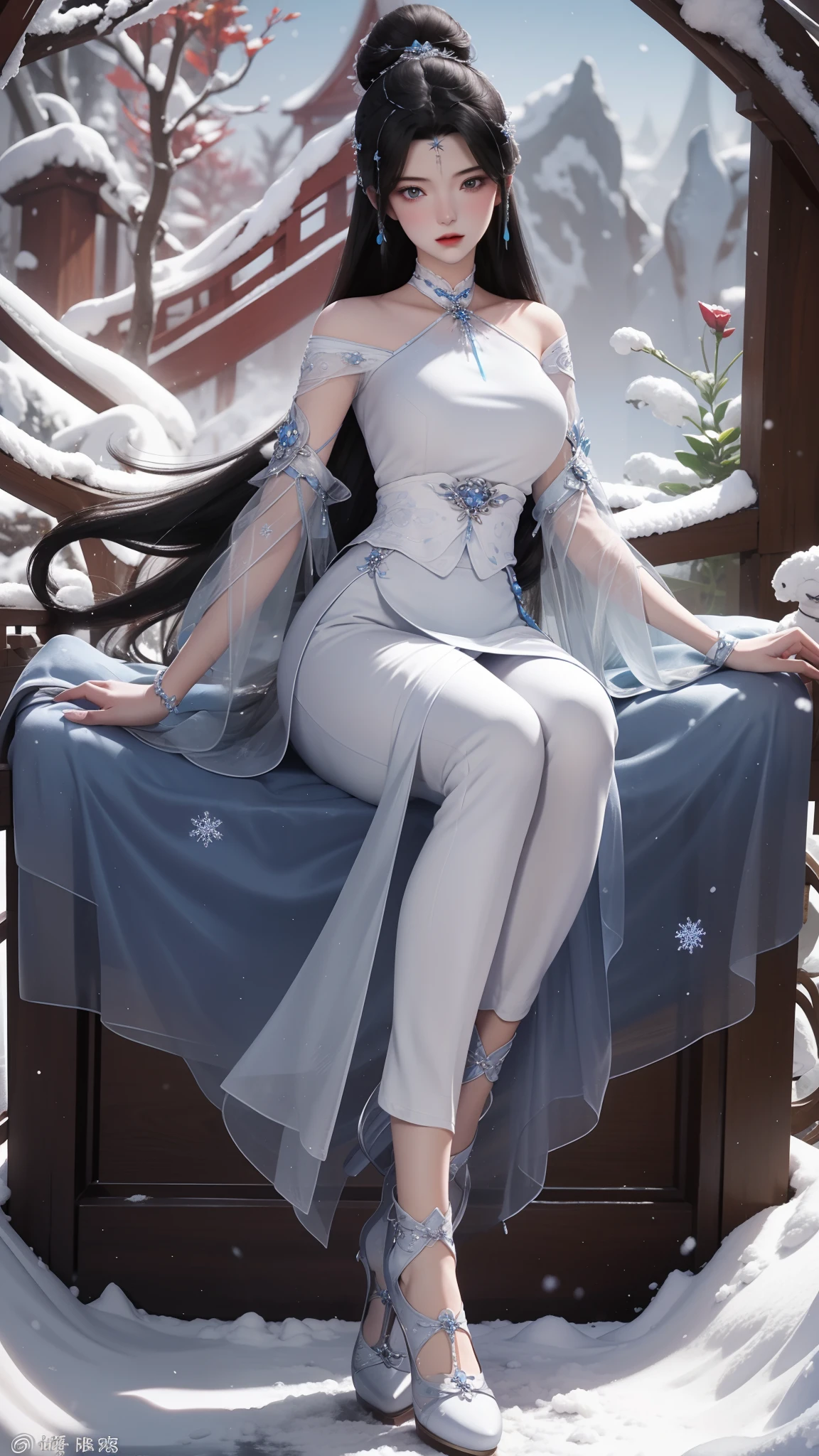 Girl in dress standing in the fire, Anime girl walking in snow, Close-up fantasy，azur lane style, Anime girl cosplay, Snowflake art anime loli, Snow fairy, snow mountains，Snowflakes flying，one-girl，Wearing a white dress、Hair flutters，Long black hair、adolable，Pure， old、Long white and blue dress、Sun side long skirt，Safety pants，Red blush、White transparent socks，high-heels，full bodyesbian，full body pov,Cute big breasts，highly detailed exquisite fanart,animemanga girl，Delicate facial features，delicate finger，Obvious joints