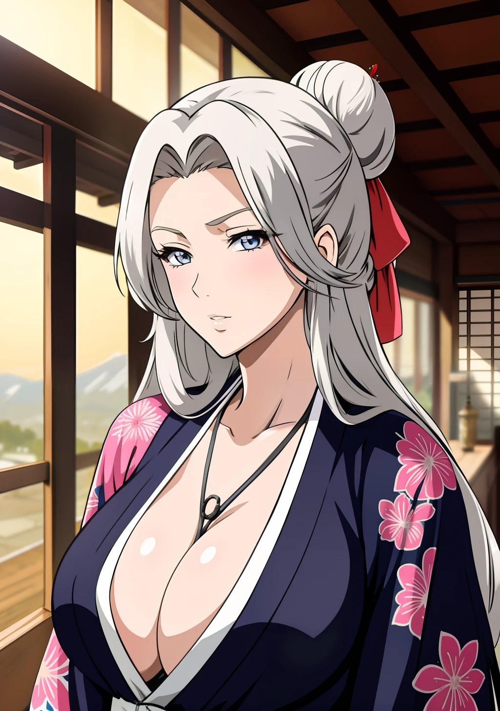 Kimono, huge tits, busty, silver hair, blue eyes, single hair bun, hairpin, cleavage, long hair, intrincate details, detailed, masterpiece, best quality, 4K, HDR, mountain, shrine, upperbody,