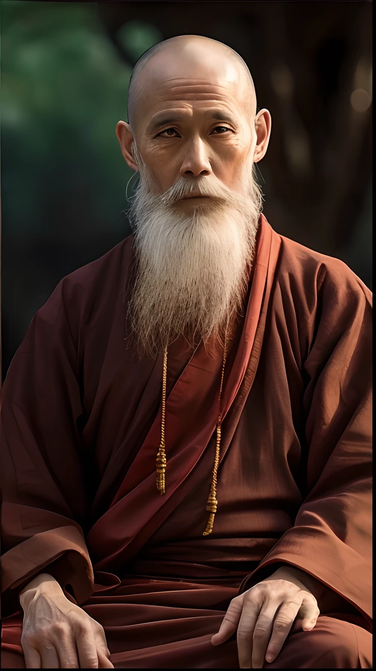 White beard、Arafard man sitting in a chair in a red robe, portrait of monk, ancient japanese monk, Taoist, monk meditation, buddhist monk, monk clothes, 2 1 st century monk, Ukrainian monks, Taoist, holy man looking at ground, Taoism, peaceful expression, monk, full body picture of a male monk