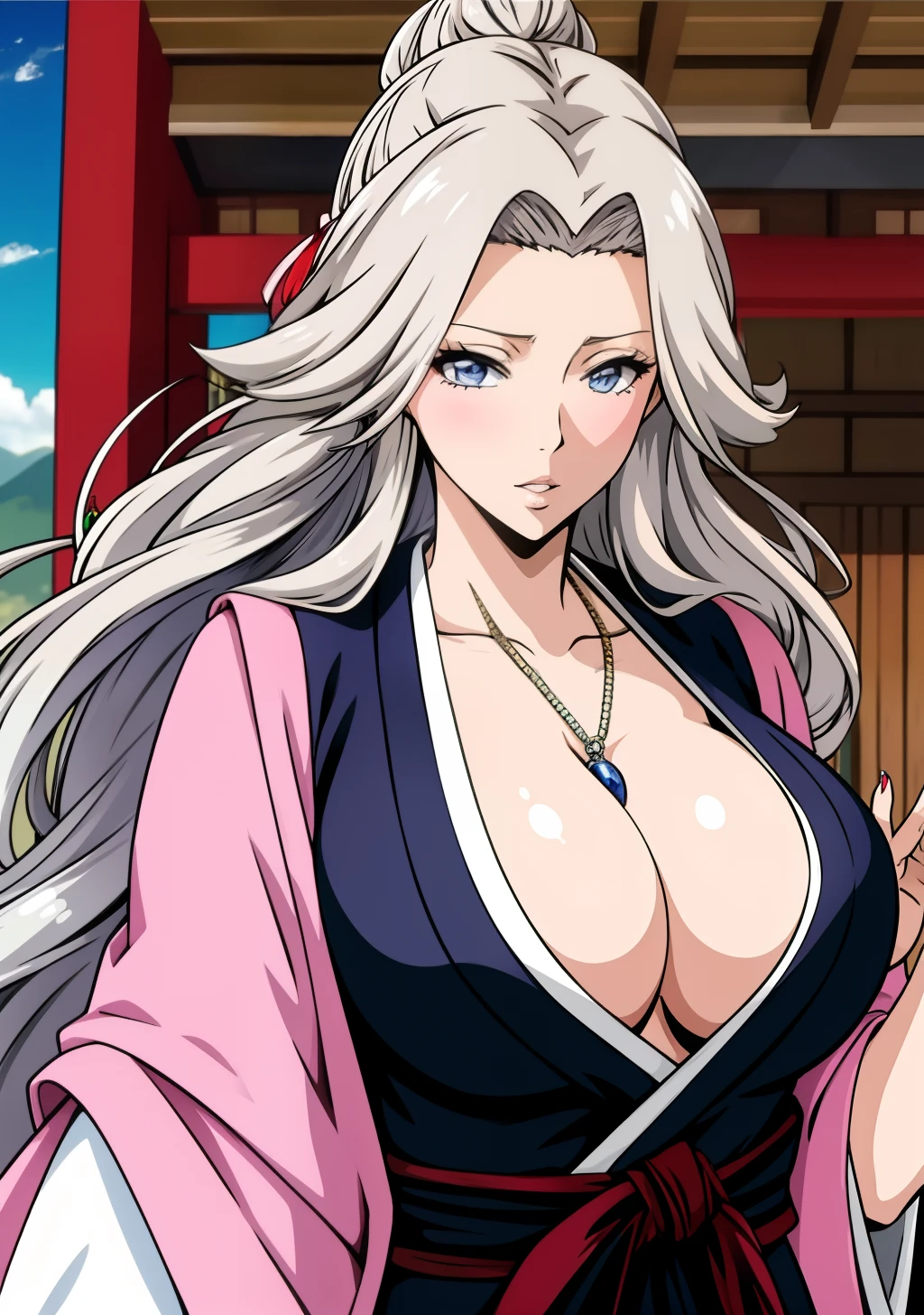 Kimono, huge tits, busty, silver hair, blue eyes, single hair bun, hairpin, cleavage, long hair, intrincate details, detailed, masterpiece, best quality, 4K, HDR, mountain, shrine, upperbody,