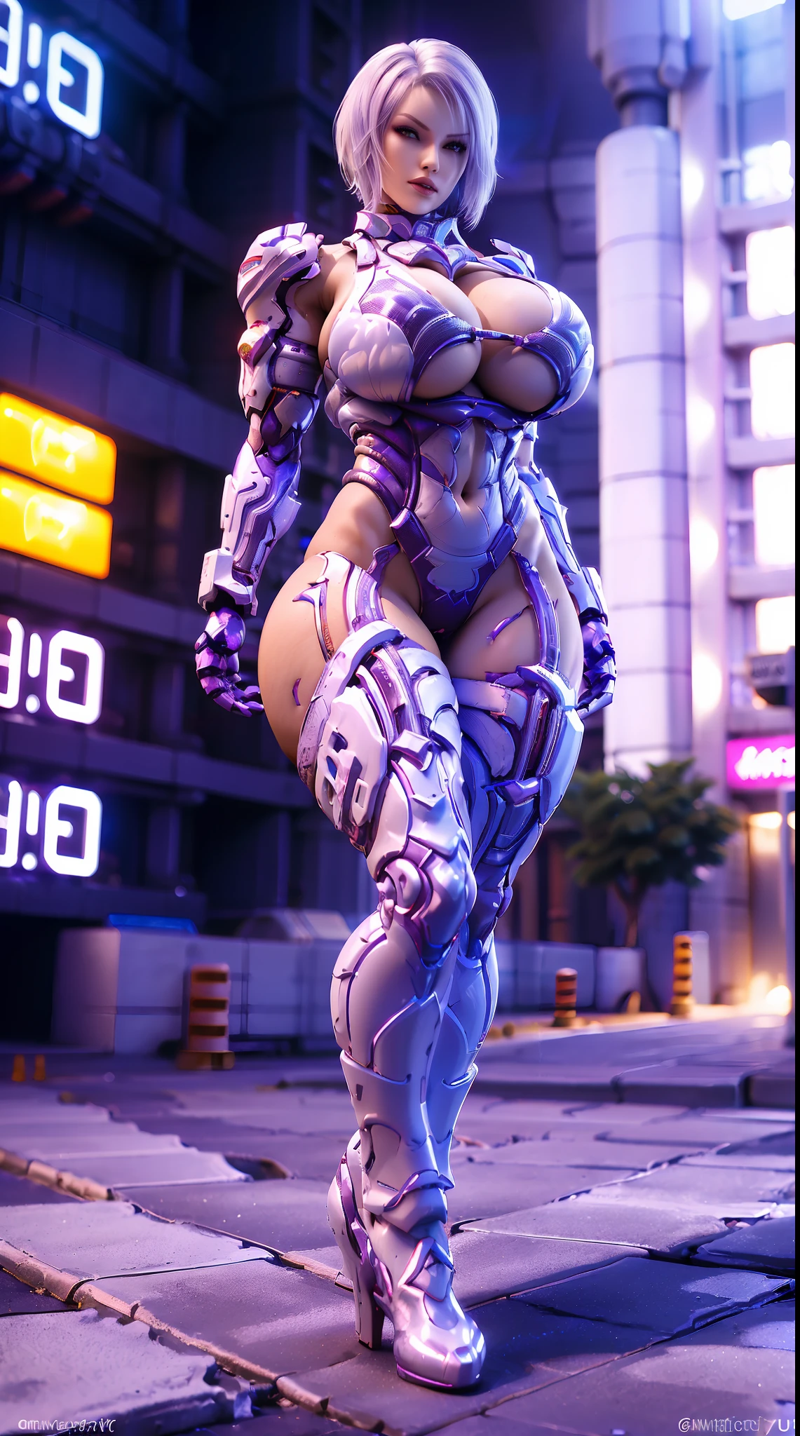 (DRAGON QUEEN), (HUGE FAKE BOOBS:1.3), (BEAUTIFUL FACE), WHITE SHORT HAIR, (PURPLE, WHITE, RED), (CYBERPUNK STREET CITY BACKGROUND), (FUTURISTIC CYBER MECHA BIKINI), (CLEAVAGE), (SKINTIGHT YOGA PANTS), (HIGH HEELS), (PERFECT BODY:1.2), (FULL BODY VIEW), (LOOKING AT VIEWER), (STANDING:1.3), MUSCULAR BODY, MUSCLE ABS, UHD, 8K, 1080P.