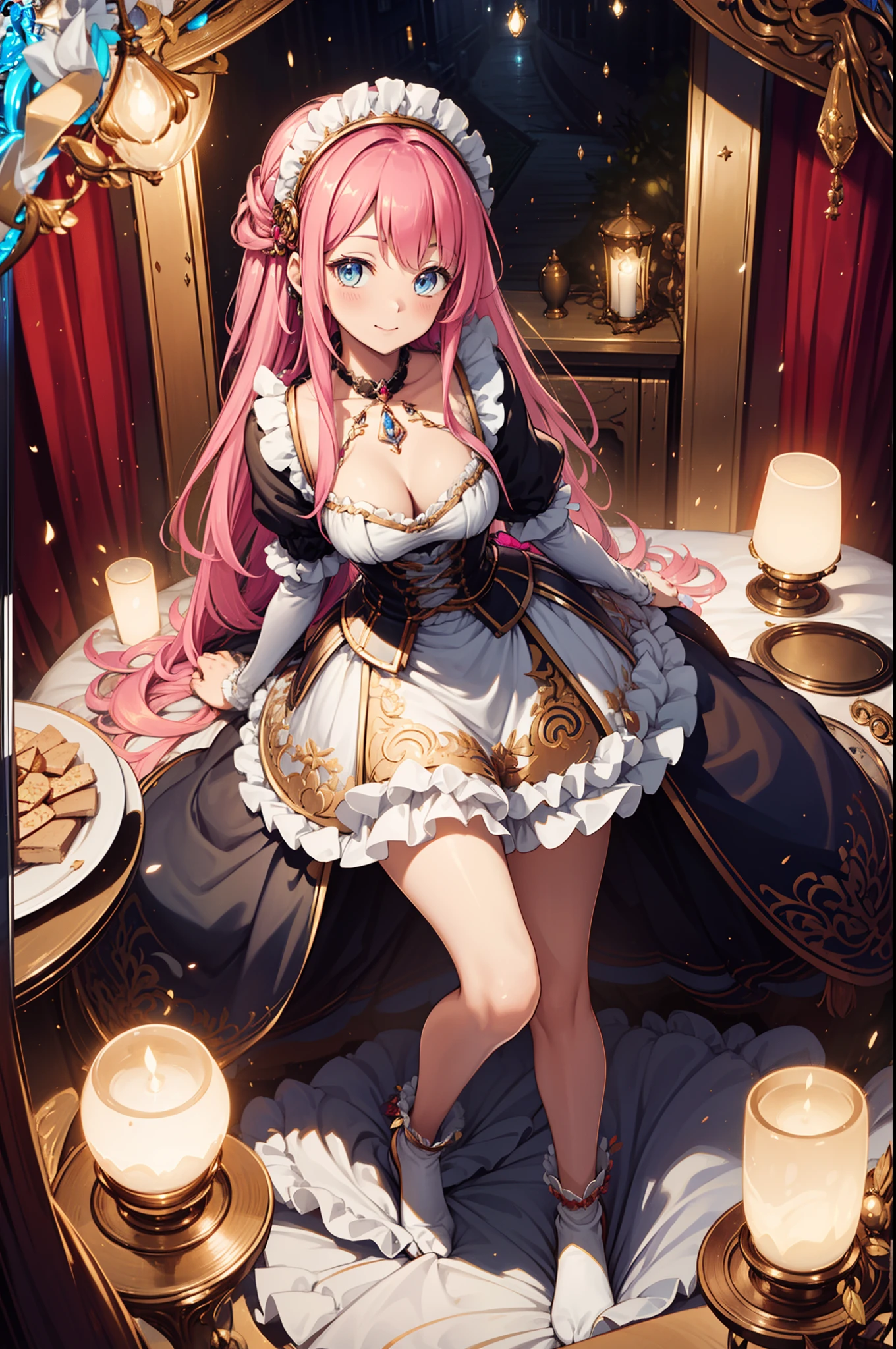 (Best quality, A high resolution, Textured skin, High quality, High details,Extremely detailed CG unity),teens girl，Enchanted，Divine happiness，Being in love，(Light Victorian dress:1.2)，Pink hair，eBlue eyes，(Fabric headdress)，Maximalism，Multiple layers of delicate ruffles，Lots of lace，Multi-colored cloth，Delicate embroidery，Delicate pattern，Fabric headdress，exquisite costumes，see-through transparent clothes，Bedrooms，the night，glittery，(Dazzle:1.2)，Movie lighting，the night，solo person，Fluttering skirt，The maid's folds，