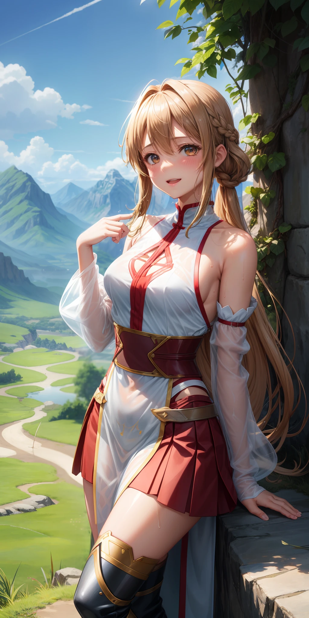 1girl, asuna_\(sao\), bangs, bare_shoulders, blue_sky, blush, boots, braid,, brown_eyes, opened_mouth, cloud, cloudy_sky, day, detached_sleeves, grass, hair_between_eyes, long_hair, looking_at_viewer, mountain, outdoors, rock, thin skirt, sky, smile, solo,  very_long_hair,( clothes see through 1.2), Fantasy anime lighting, fantasy anime, wet clothes(wet :1.2)