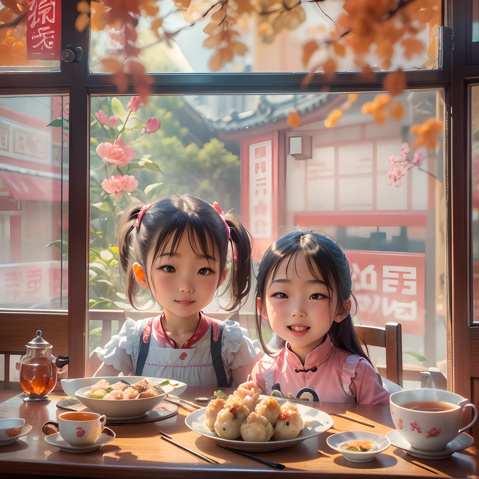 Chinese restaurant, A 5--old l sits at a dining table, ssmile, Flower tea on the table ,Chinese dim sum, Pork intestine powder, Shrimp dumplings, Sunlight outside the window.