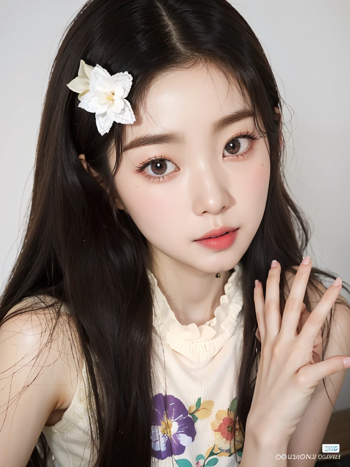 um close up de uma mulher com cabelos longos vestindo uma camisa branca, Ulzzang, maquiagem sul-coreana popular, maquiagem coreana popular, wan adorable korean face, young adorable korean face, cabelos castanhos e olhos grandes, linda Delphine, cabelos pretos e olhos grandes, bonito redondo olhos inclinados, beautiful aesthetic face, young cute wan asian face, coreana