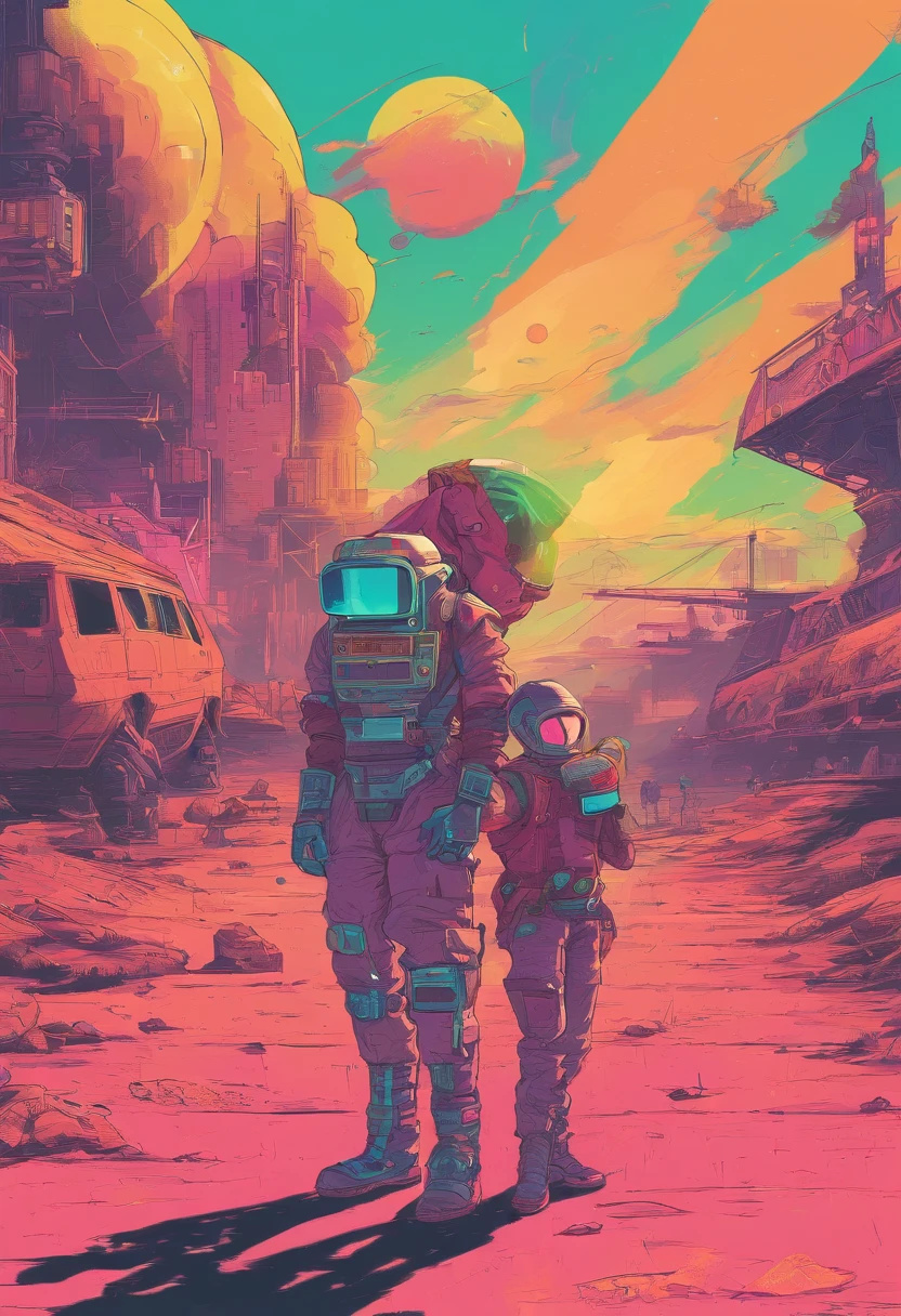 in a wasteland, The sky is gray, Three adults in protective suits are catching a ,Want to snatch her package