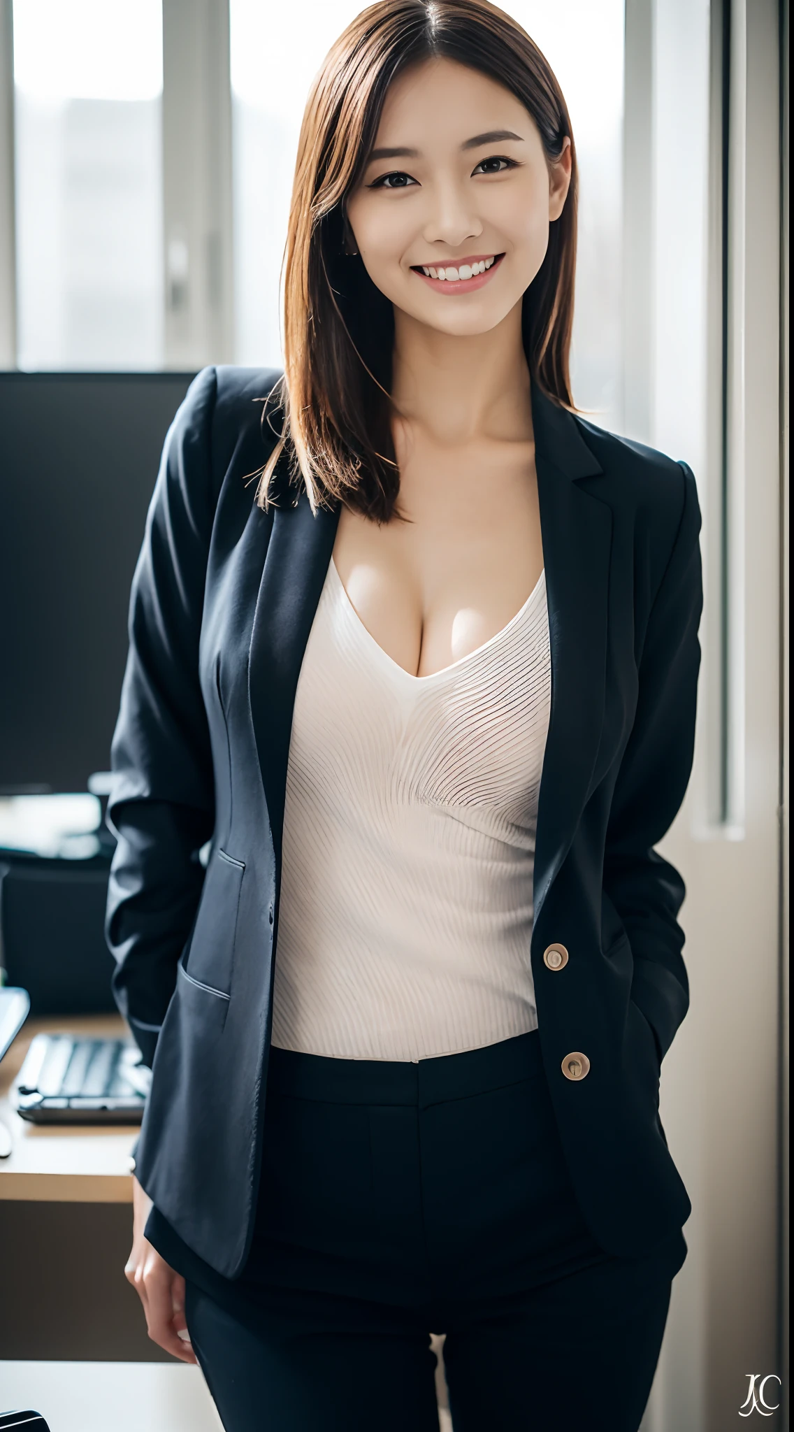 masutepiece, Best Quality, 超A high resolution,(photographrealistic:1.4) (depth of fields),(Lens Glow) , White T-shirt under jacket:1.5、Inside the office:1.5、a Pretty Japanese woman:1.5、officeworker、smil、(sexy pose:1.5)、JINS:1.3、voluptuous breasts
