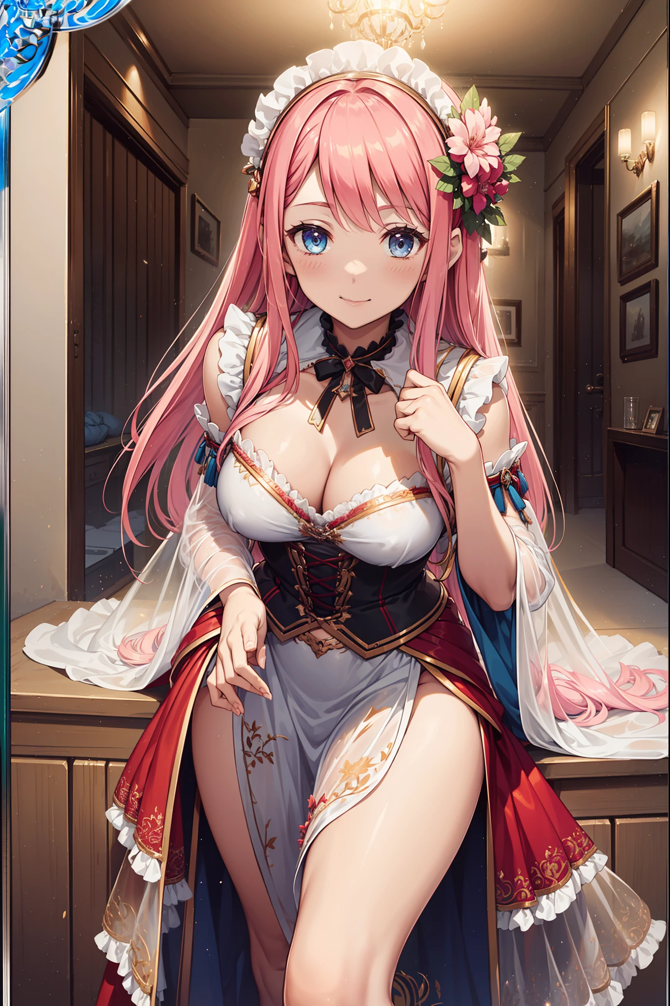 (Best quality, A high resolution, Textured skin, High quality, High details,Extremely detailed CG unity),s girl,(Enchanted),Divine happiness,Being in love,(Light Victorian dress),Pink hair,eBlue eyes,(Fabric headdress),Maximalism,Many delicate ruffles,Many delicate laces,(Multi-colored cloth),Delicate embroidery,Delicate pattern,Fabric headdress,exquisite costumes,((see-through transparent clothes)),Bedrooms,the night,glittery,(Dazzle:1.3),Movie lighting,the night,solo person,Fluttering skirt,Maid characteristics,(Seductive pose:1.1),Flushed face