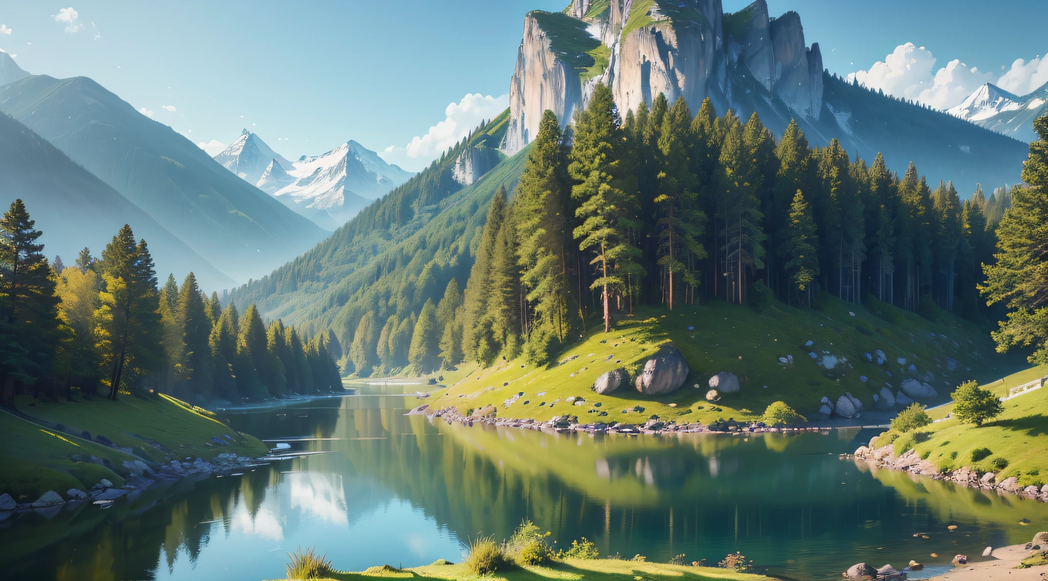 (best quality,4k,8k,highres,masterpiece:1.2),ultra-detailed,(realistic,photorealistic,photo-realistic:1.37),landscape,colorful,serene,peaceful,scenic,rolling hills,majestic mountains,lush greenery,crystal clear lakes,towering trees,natural beauty,gentle breeze,soft sunlight,harmonious atmosphere,endless horizon,nature's masterpiece