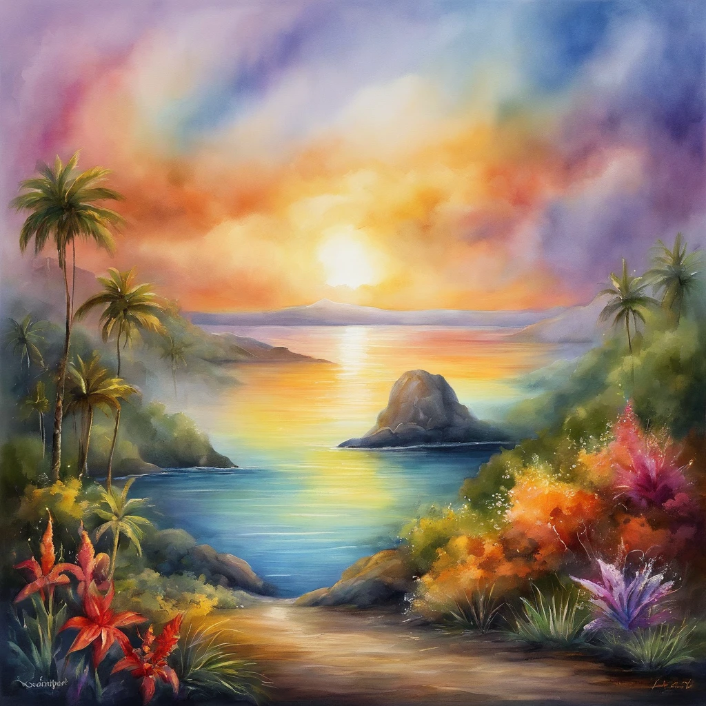 landscape,rainbow in the sky,A luxurious horizon,Sparkling seawater,Lush greenery,exotic plants,mysterious creature,Fantasy world,Enchanting atmosphere,shining sun,Soft clouds,dreamlike landscapes,magical aura,serenity and calm,Untapped beauty,A harmonious blend of tones,Endless wonders,Best quality,4K,8K,A high resolution,Masterpiece:1.2,Vibrant colors,