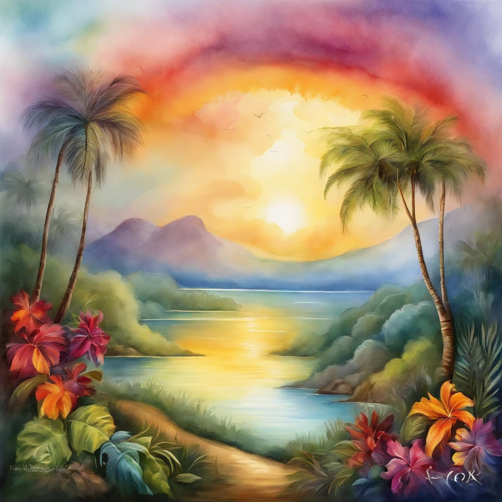landscape,rainbow in the sky,A luxurious horizon,Sparkling seawater,Lush greenery,exotic plants,mysterious creature,Fantasy world,Enchanting atmosphere,shining sun,Soft clouds,dreamlike landscapes,magical aura,serenity and calm,Untapped beauty,A harmonious blend of tones,Endless wonders,Best quality,4K,8K,A high resolution,Masterpiece:1.2,Vibrant colors,