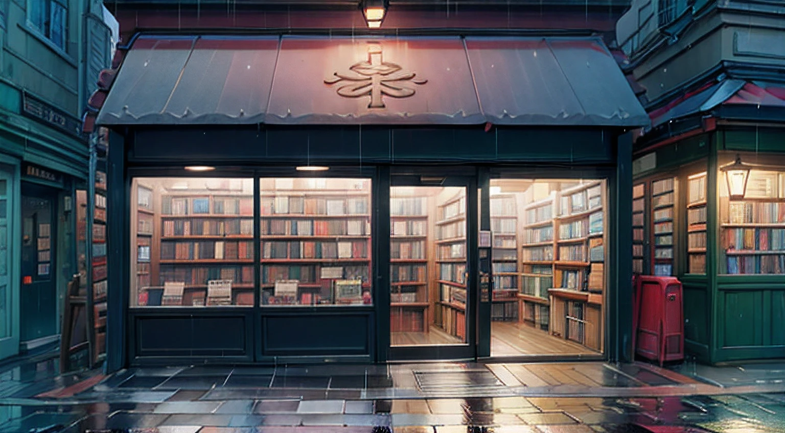 bookshop, ((facade)) , ((front view)) , light rain, wet ground, lofi, anime vibes,