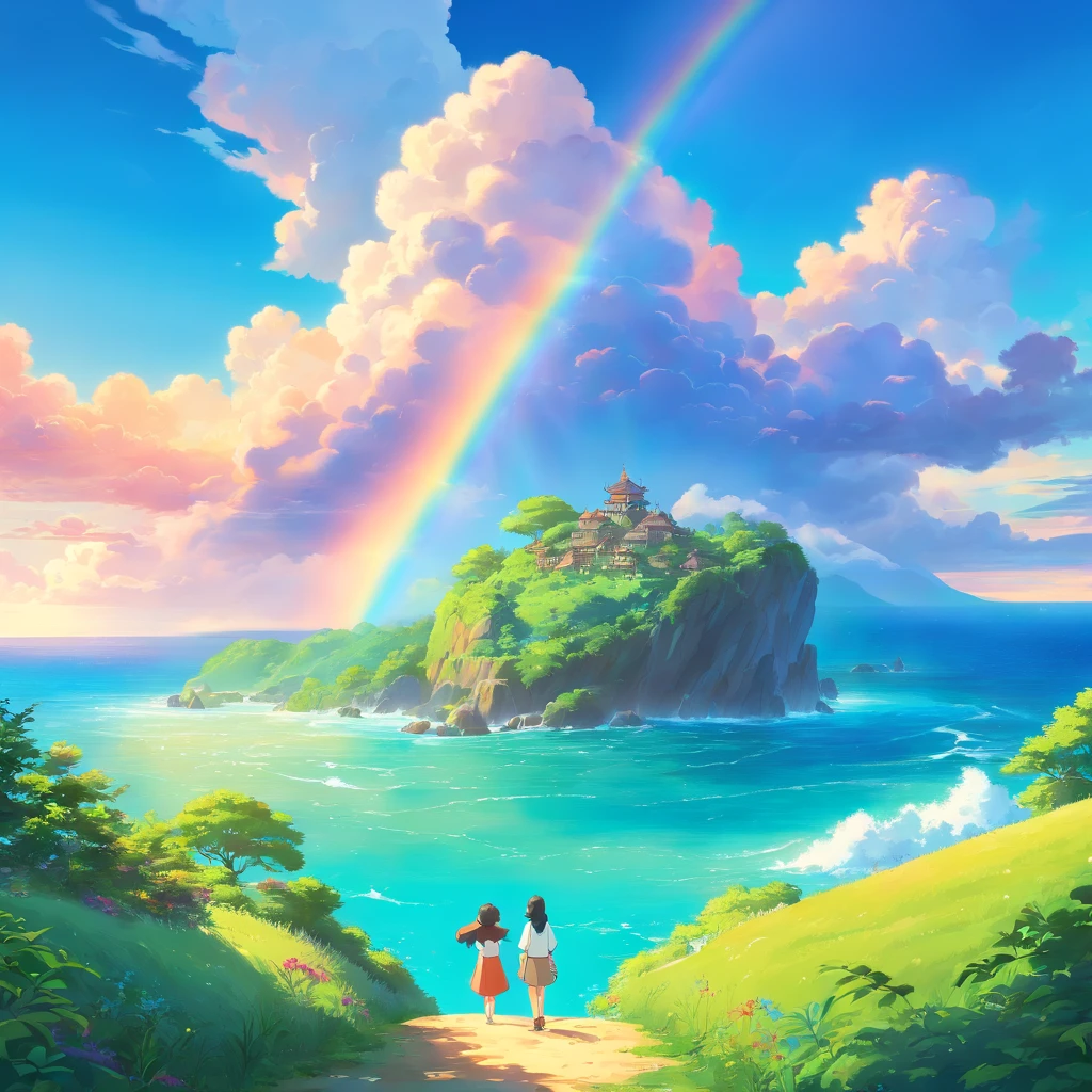landscape,rainbow in the sky,A luxurious horizon,Sparkling seawater,Lush greenery,exotic plants,mysterious creature,Fantasy world,Enchanting atmosphere,shining sun,Soft clouds,dreamlike landscapes,magical aura,serenity and calm,Untapped beauty,A harmonious blend of tones,Endless wonders,Best quality,4K,8K,A high resolution,Masterpiece:1.2,Vibrant colors,