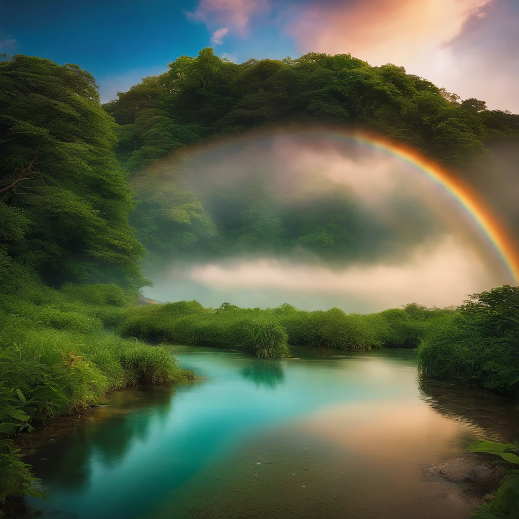 landscape,rainbow in the sky,A luxurious horizon,Sparkling seawater,Lush greenery,exotic plants,mysterious creature,Fantasy world,Enchanting atmosphere,shining sun,Soft clouds,dreamlike landscapes,magical aura,serenity and calm,Untapped beauty,A harmonious blend of tones,Endless wonders,Best quality,4K,8K,A high resolution,Masterpiece:1.2,Vibrant colors,