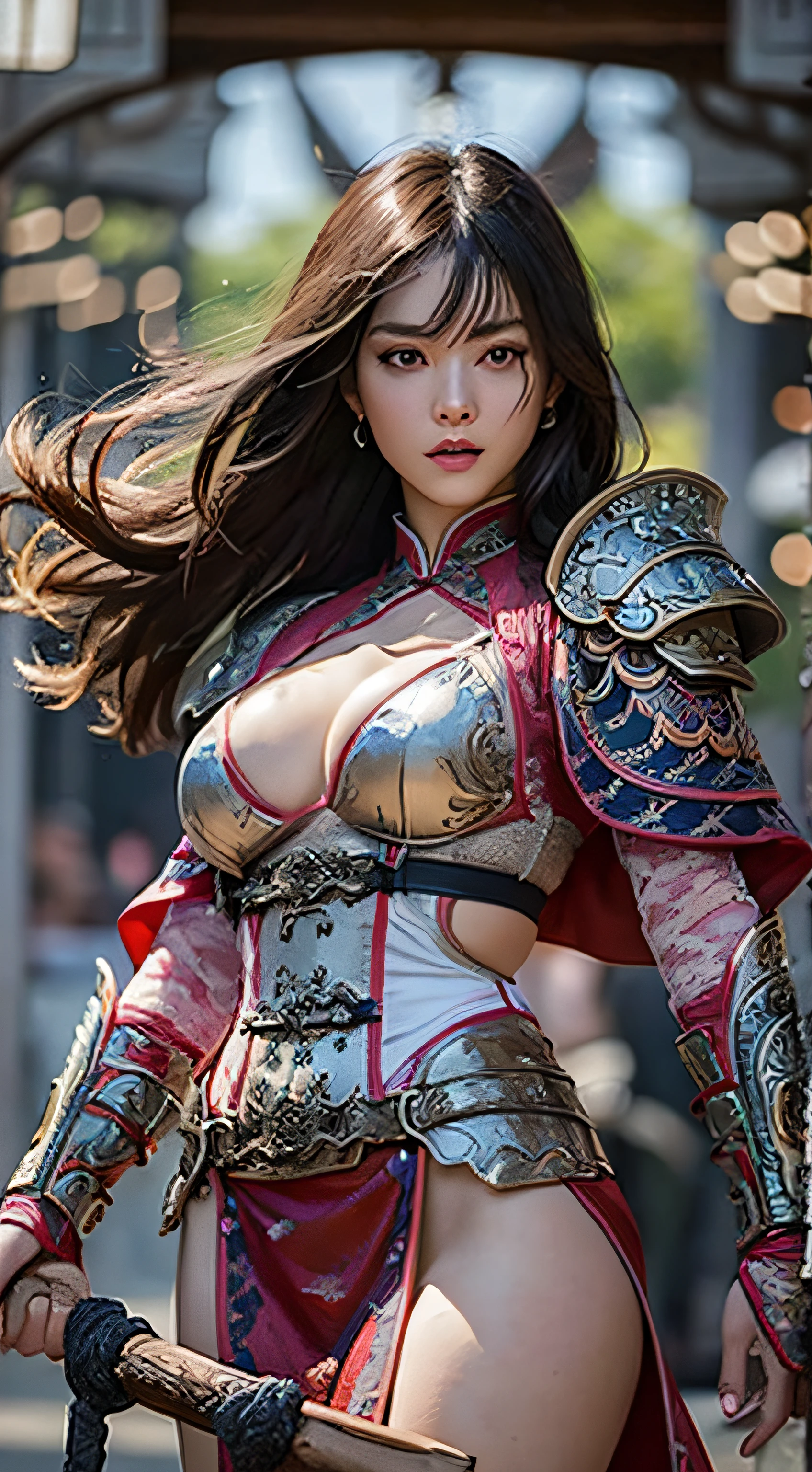 ancient chinese architecture，Female warriors in national style，Wear armor revealed.，Simple clothes， Minimalist style，Mixed Chinese and American ethnicity，blurred background，focal，cowboy shot，Cinematic Lighting，(((master-piece))), ((Best qualtiy)), ((Complex and detailed)), ((Ultra-realistic realism)), Ridiculous resolution, A MILF, mature woman, See-Through, high-detail, illustration, 1girll, (Overflowing large breasts), Thin waist and thick hips.，elongated legs，Beautiful fine eyes, Short hair details, brunette hair, purple eyes, Black Stockings，lacy clothing，Faintly visible.，Cold Armor，Perfect body proportions，（no underwear：1.2），detailed background, Perfect Eyes, Seductive eyes, （Good hands），Hand Details，looking at the audience，from the front，Put on fire.，Juicy legs，Deep V Big Breasts，Tattoo too.