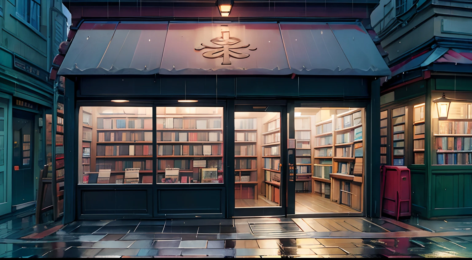 bookshop, ((facade)) , ((front view)) , light rain, wet ground, lofi, anime vibes,