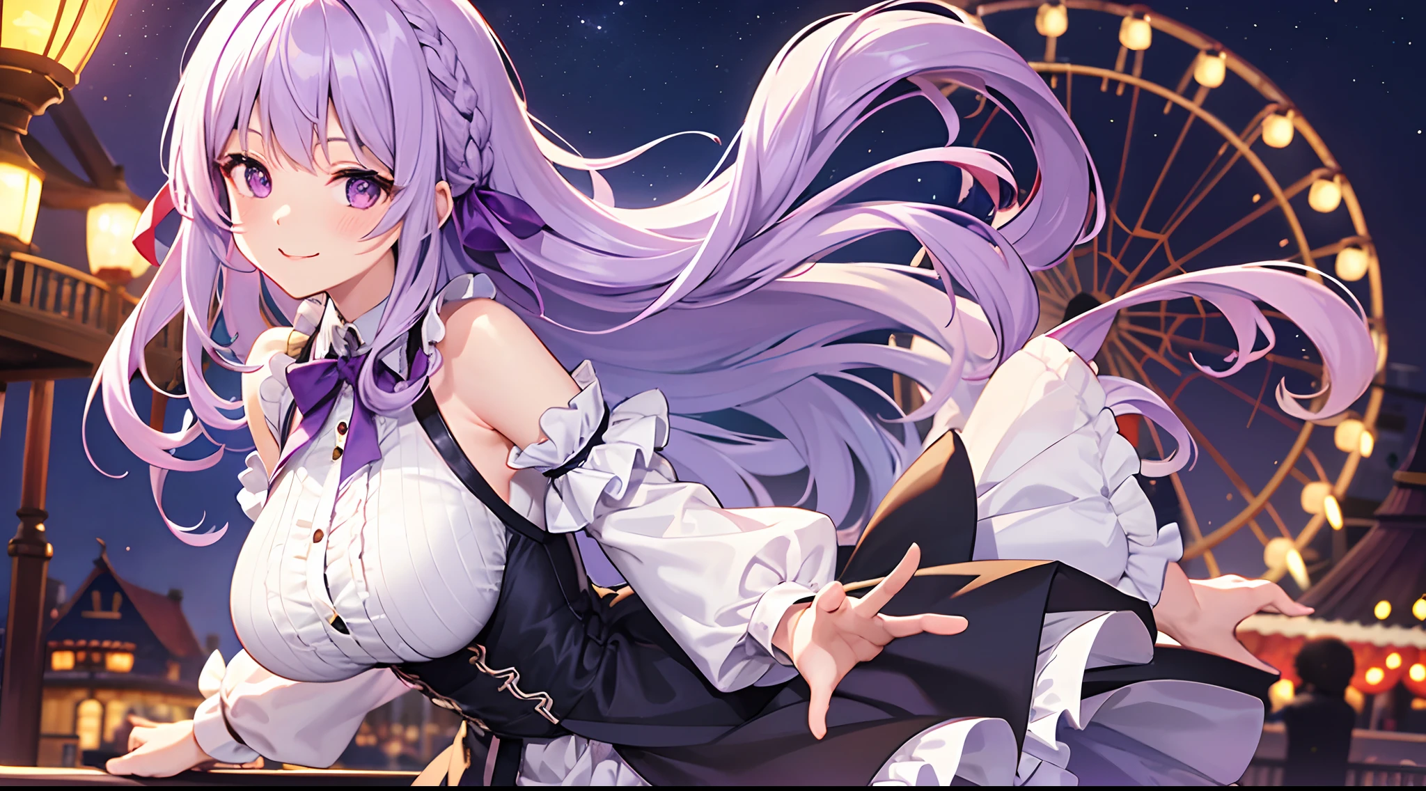 1 girl, game CG, frilled shirt, shoulders visible, short skirt, hair ribbon, gigantic breasts, light purple hair, long hair, french braid, purple eyes, night, amusement park, Halloween background, smile,