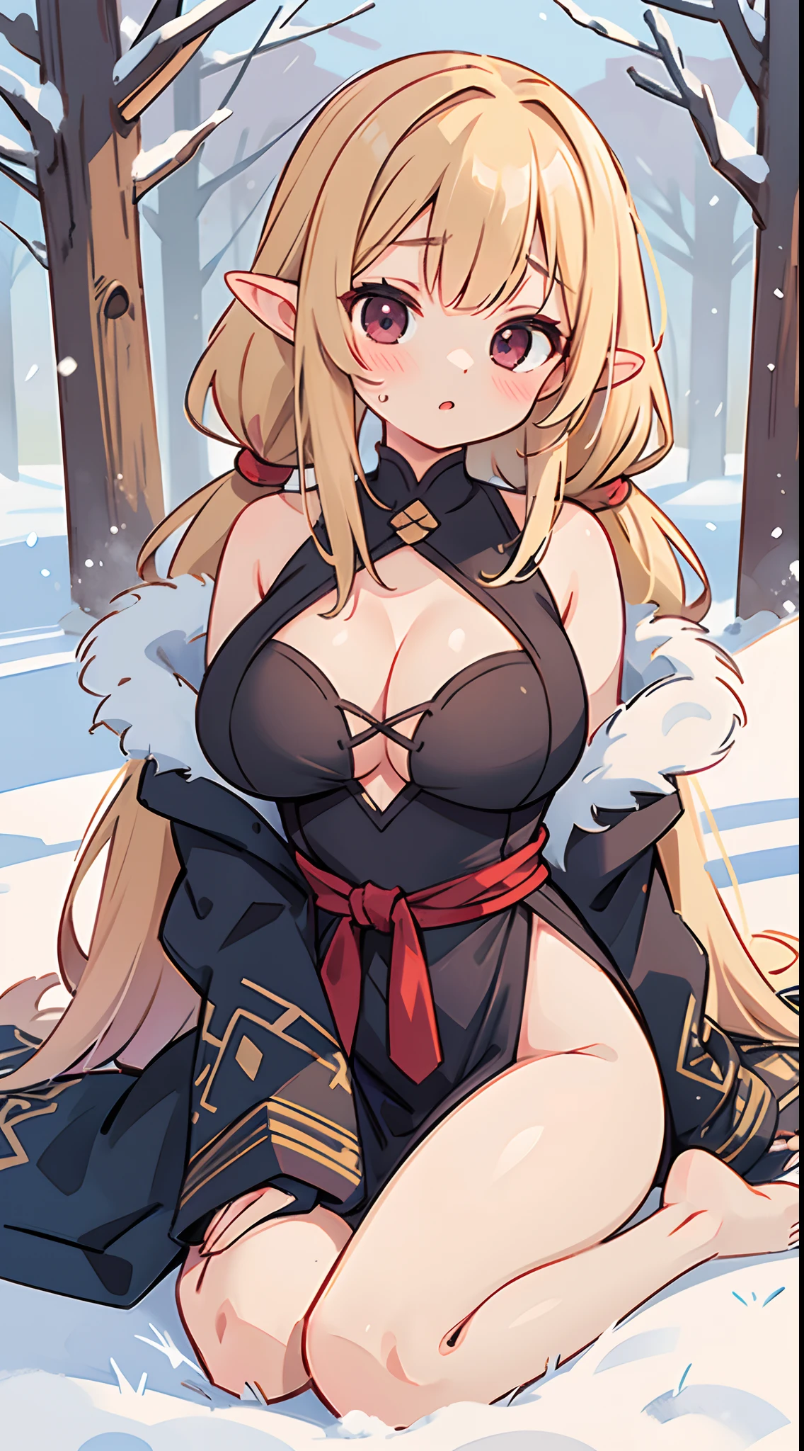 number art、Dark Elves、down jacket，Barefoot，Yuruchara style、Large breasts，Off-the-shoulder attire，nabel，Big breasts Thin waist，cleavage，Raised sexy，Be red in the face，Snowy days