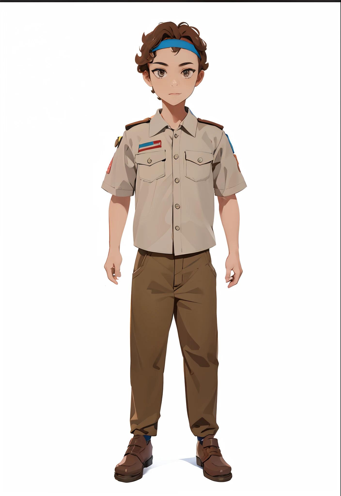 a cartoon of a man in a shirt and pants with a bandanna, full - body portrait of a ranger, character full body portrait, full body character portrait, full body character, full body illustration, full length character, full-body character portrait, full body picture, full body single character, male character, single character full body, official character illustration, anime boy scout, boys scout female, brown curly hair, blue headband, brown eyes,