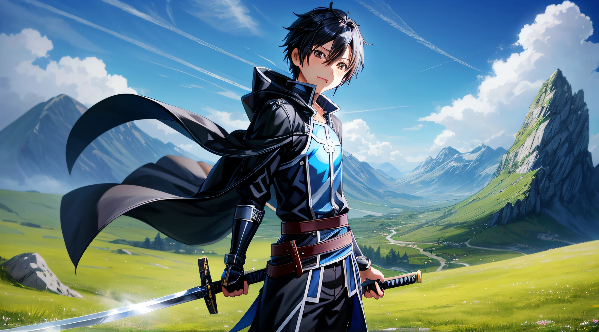 kirito boy\(sao\), black wear, blue_sky, blush, opened_mouth, cloud, cloudy_sky, day, katana sword in hand, sleeves, grass, short black hair, looking_at_viewer, mountain, outdoors, rock, sky, smile, solo, Fantasy anime lighting, fantasy anime