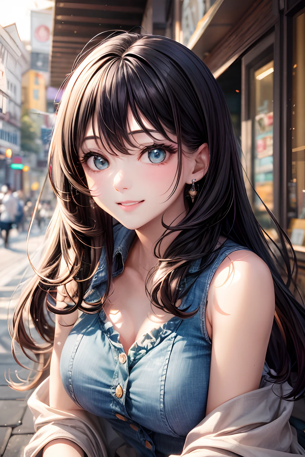 girl, kpop idol, pink t-shirt, denim jeans, long black hair, detailed brown eyes, plump lips, cute smile expression, making like she wants to kiss you, view from viewer, medium breasts, outdoor, flirtatious look, ((very detailed)), (perfectly detailed face), (well detailed hand) photorealistic image, japanese hime cut hairstyle, cowboy shot