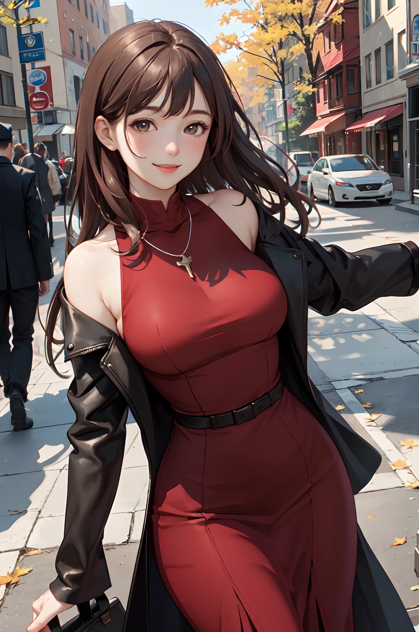 1lady standing, mature female, /(pencil dress/) /(deep red dress/) necklace, /(jacket on shoulder/), /(brown hair/) bangs, blush kind smile, (masterpiece best quality:1.2) delicate illustration ultra-detailed, large breast, arms down BREAK /(streets of Canada/), maple fallen leaves, detailed background