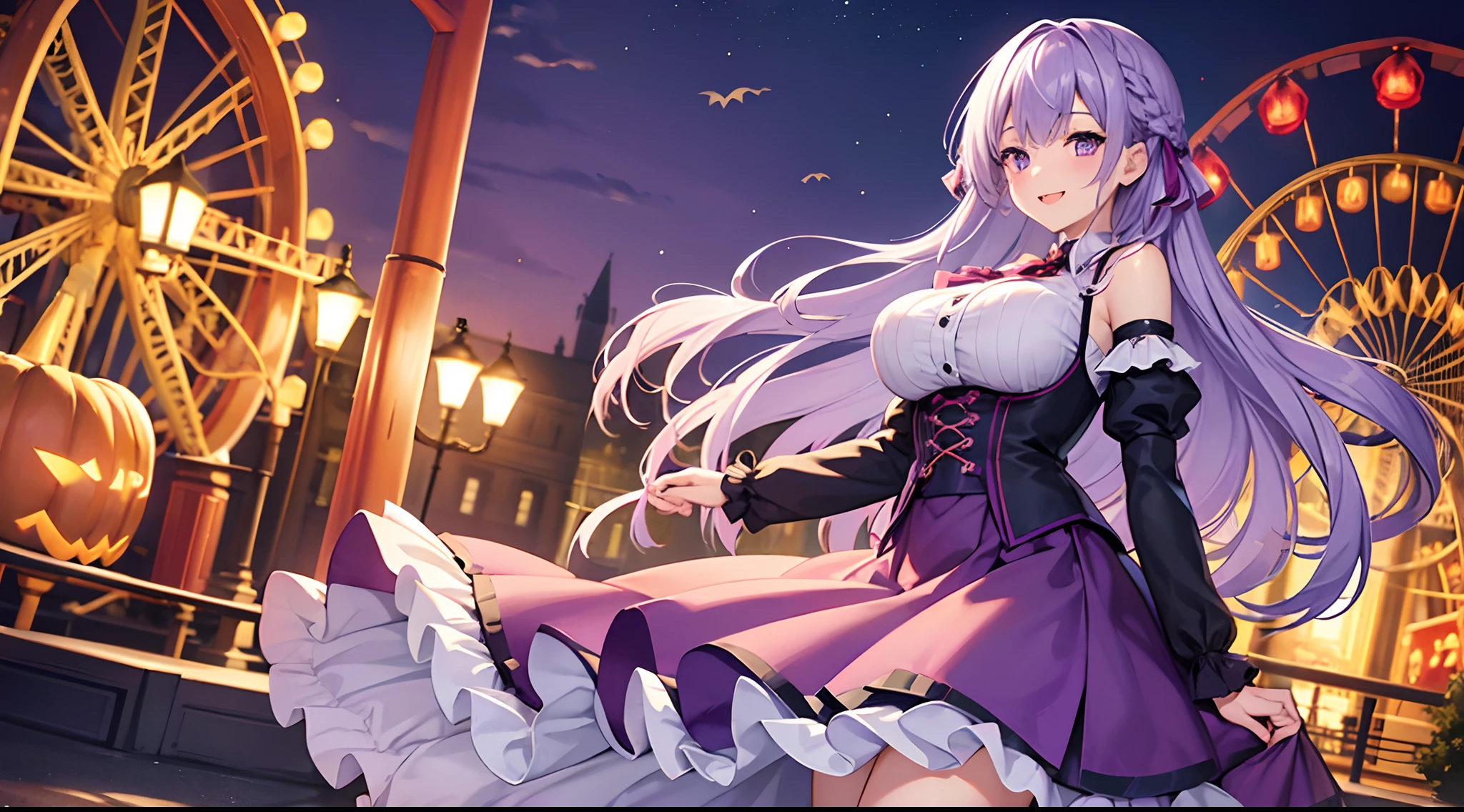 1 girl, game CG, frilled shirt, shoulders visible, short skirt, hair ribbon, gigantic breasts, light purple hair, long hair, french braid, purple eyes, night, amusement park, Halloween background, smile,