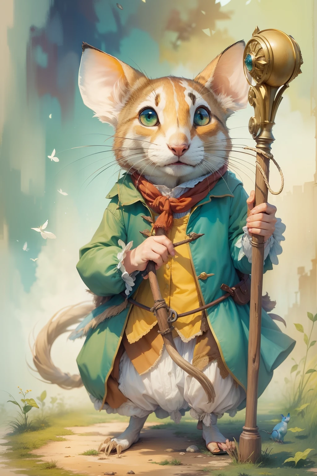comiс style, painted in vivid watercolor, Bipedal rat with a staff in his hand, capa vermelha, olhos verdes, laranja, azul. amarelo, extremamente detalhado, altamente detalhado, master part, fundo do conto de fadas, Wonderland, dynamic colours, luz de conto de fadas, Directed by: Beatrix Potter e Jean-Baptiste Monge, UHD 32k