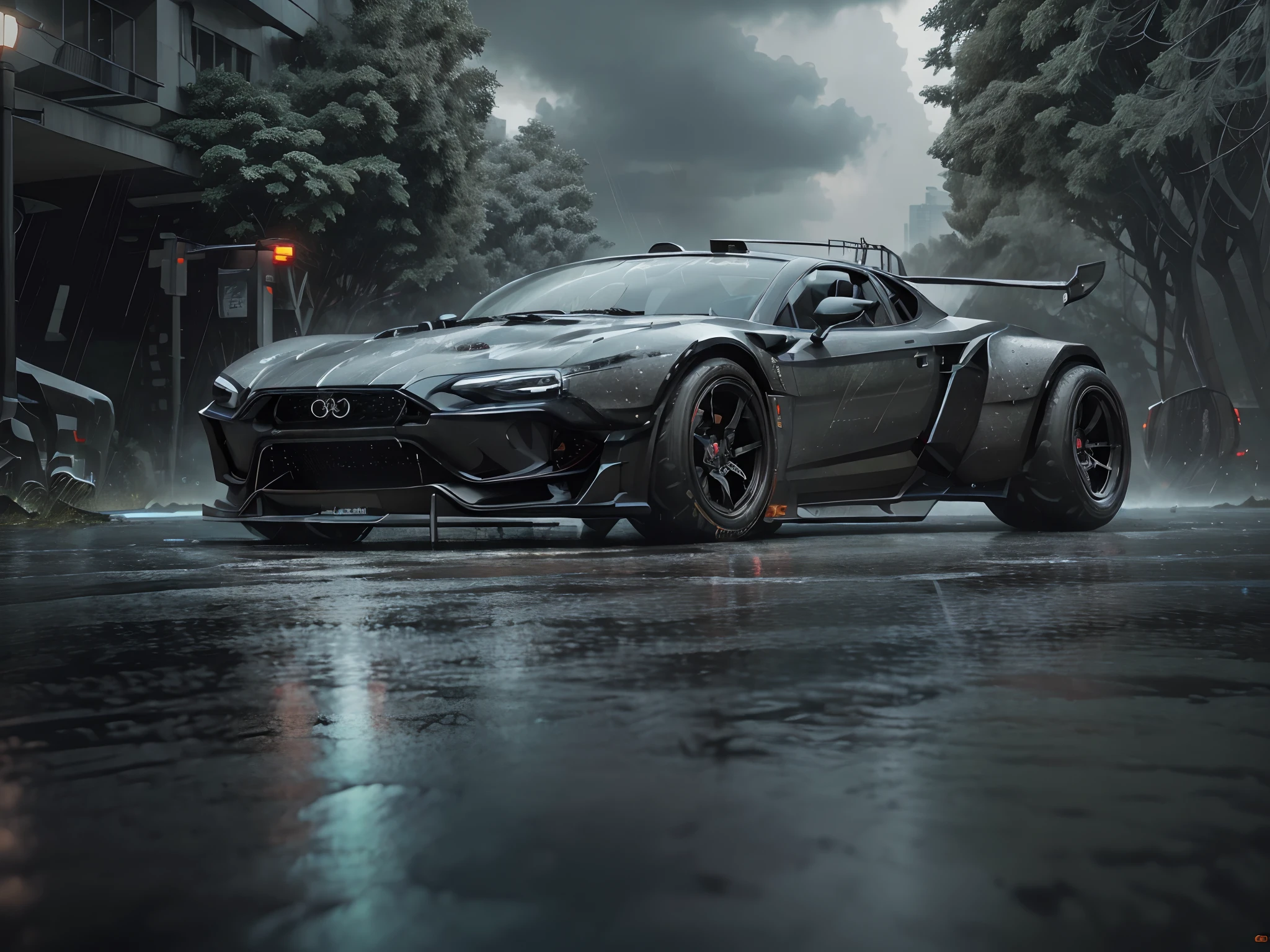 a 3/4 front view of ((cyberpunk futuristic roadster zeekars)) (with neon glowing tires),Vector illustration, scenery, ink, pop art, sketch, at the outdoor, night time , on the road, (city:1.3), (forest :1.1), hyper realistic , (((1 car))) ,(a masterpiece )(intricate detail, smoke cloud,(Visually highly detailed , ((intricate),8K resolution HDR, glossy), raining and lightening (ultra detailed), high resolution, 4K, 3D octane render , (((dark fantasy))) theme,