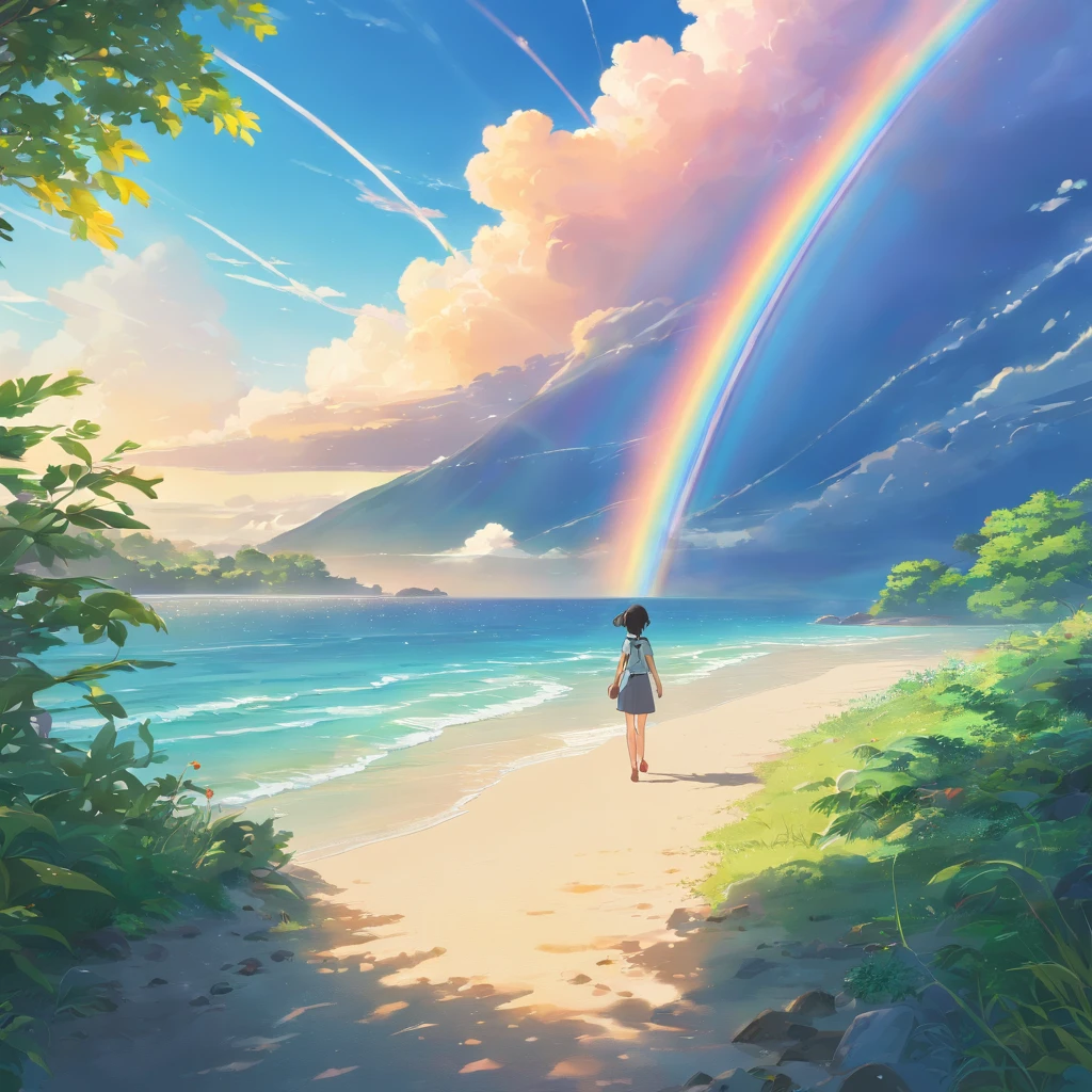 landscape,rainbow in the sky,A luxurious horizon,Sparkling seawater,Lush greenery,exotic plants,mysterious creature,Fantasy world,Enchanting atmosphere,shining sun,Soft clouds,dreamlike landscapes,magical aura,serenity and calm,Untapped beauty,A harmonious blend of tones,Endless wonders,Best quality,4K,8K,A high resolution,Masterpiece:1.2,Vibrant colors,