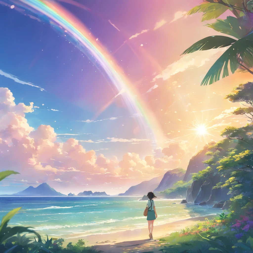 landscape,rainbow in the sky,A luxurious horizon,Sparkling seawater,Lush greenery,exotic plants,mysterious creature,Fantasy world,Enchanting atmosphere,shining sun,Soft clouds,dreamlike landscapes,magical aura,serenity and calm,Untapped beauty,A harmonious blend of tones,Endless wonders,Best quality,4K,8K,A high resolution,Masterpiece:1.2,Vibrant colors,